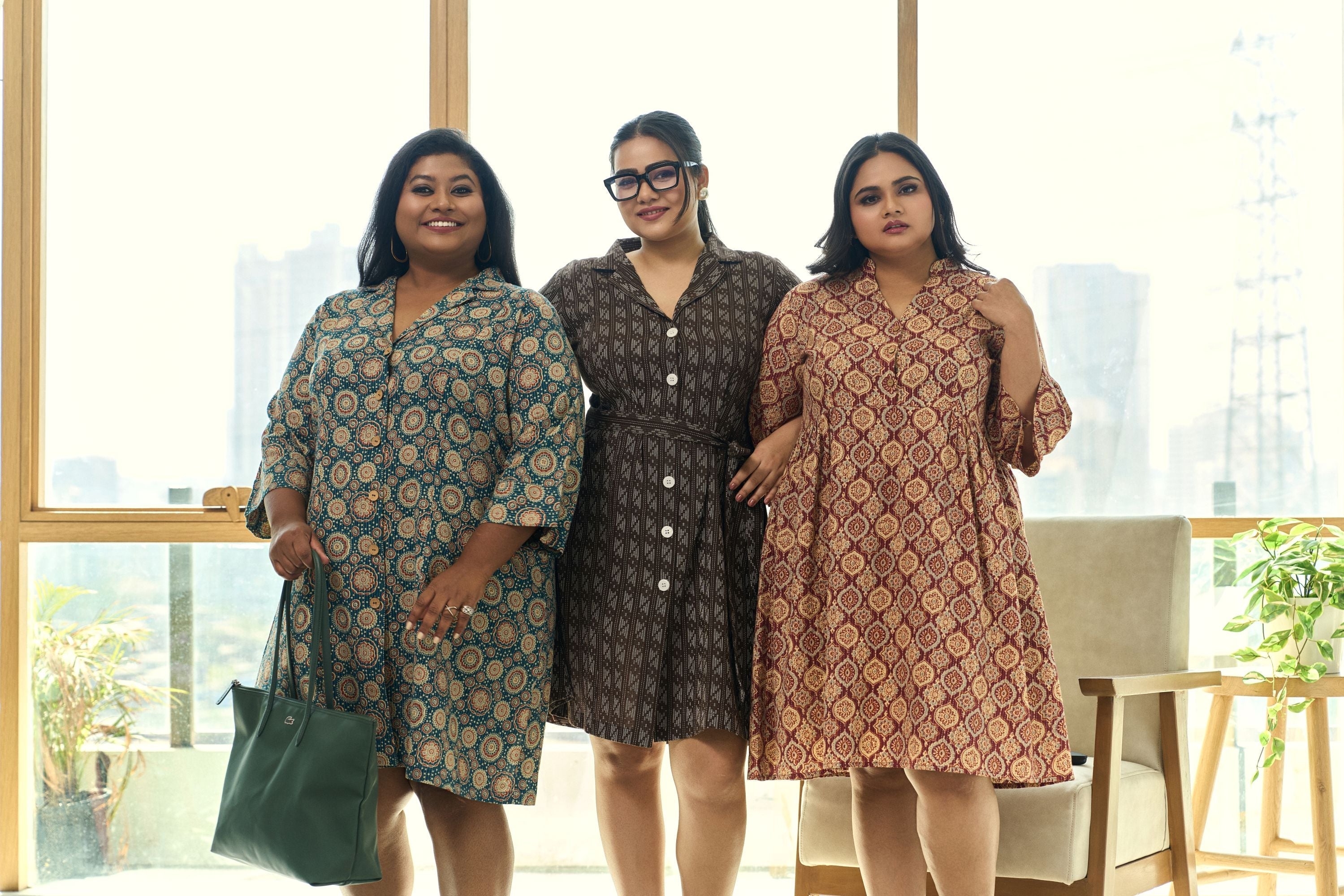 Women's Mocha Brown Ajrakh Print Kantha Cotton Shirt Dress With Belt - Nangalia Ruchira