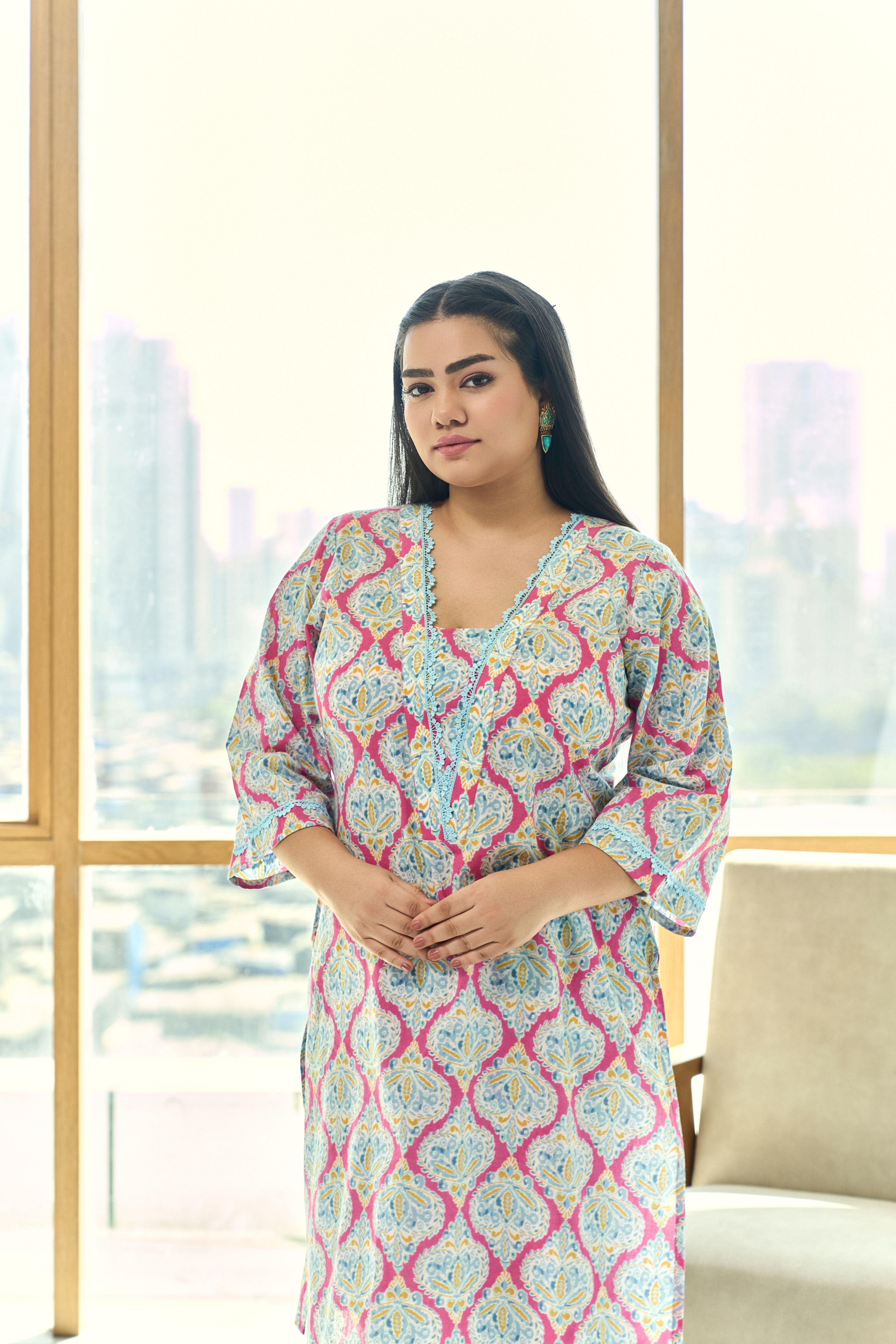 Women's Fuschia & Azure Blue Block Print Kurta With Crochet Lace Detailing(Set Of 2) - Nangalia Ruchira