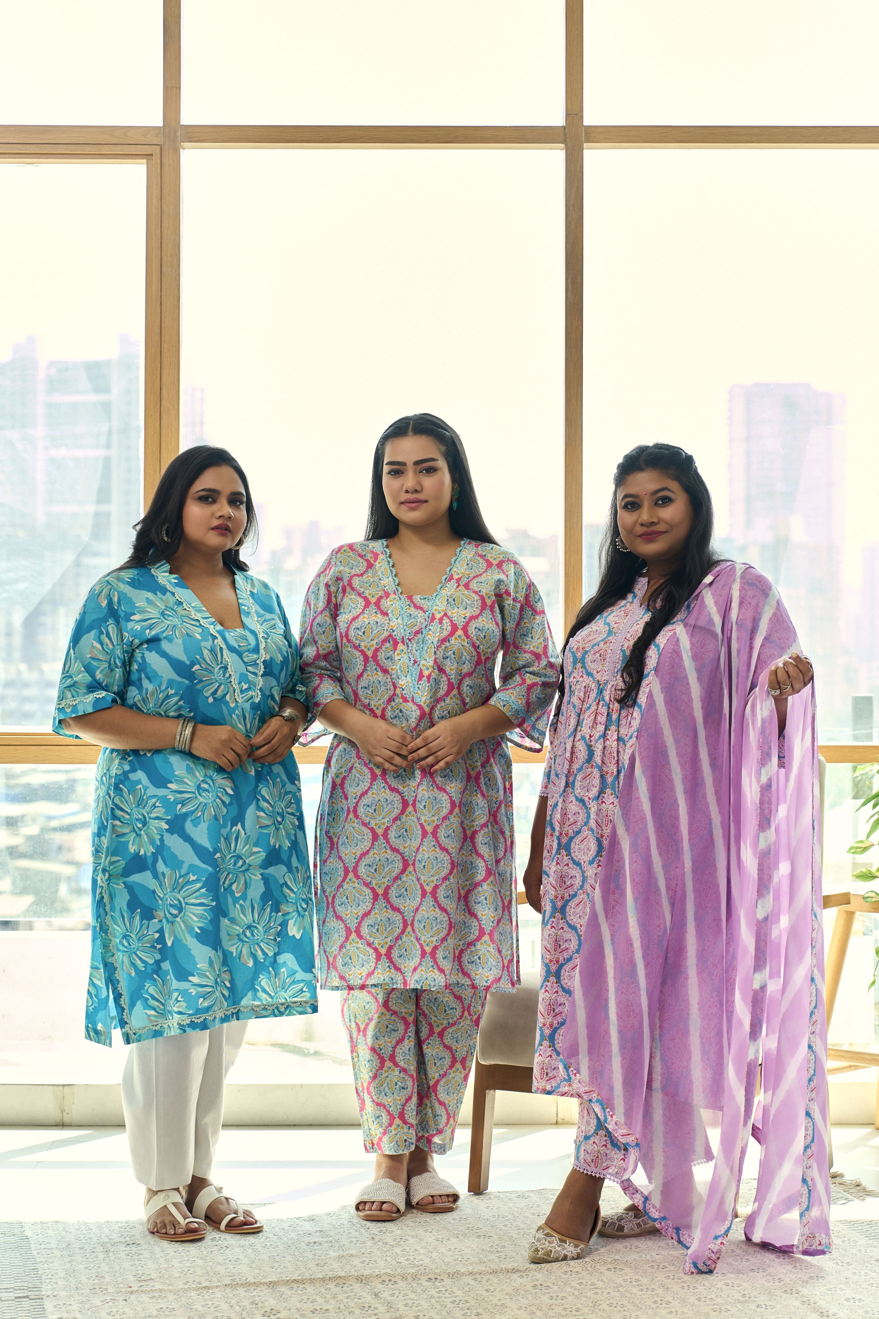 Women's Fuschia & Azure Blue Block Print Kurta With Crochet Lace Detailing(Set Of 2) - Nangalia Ruchira