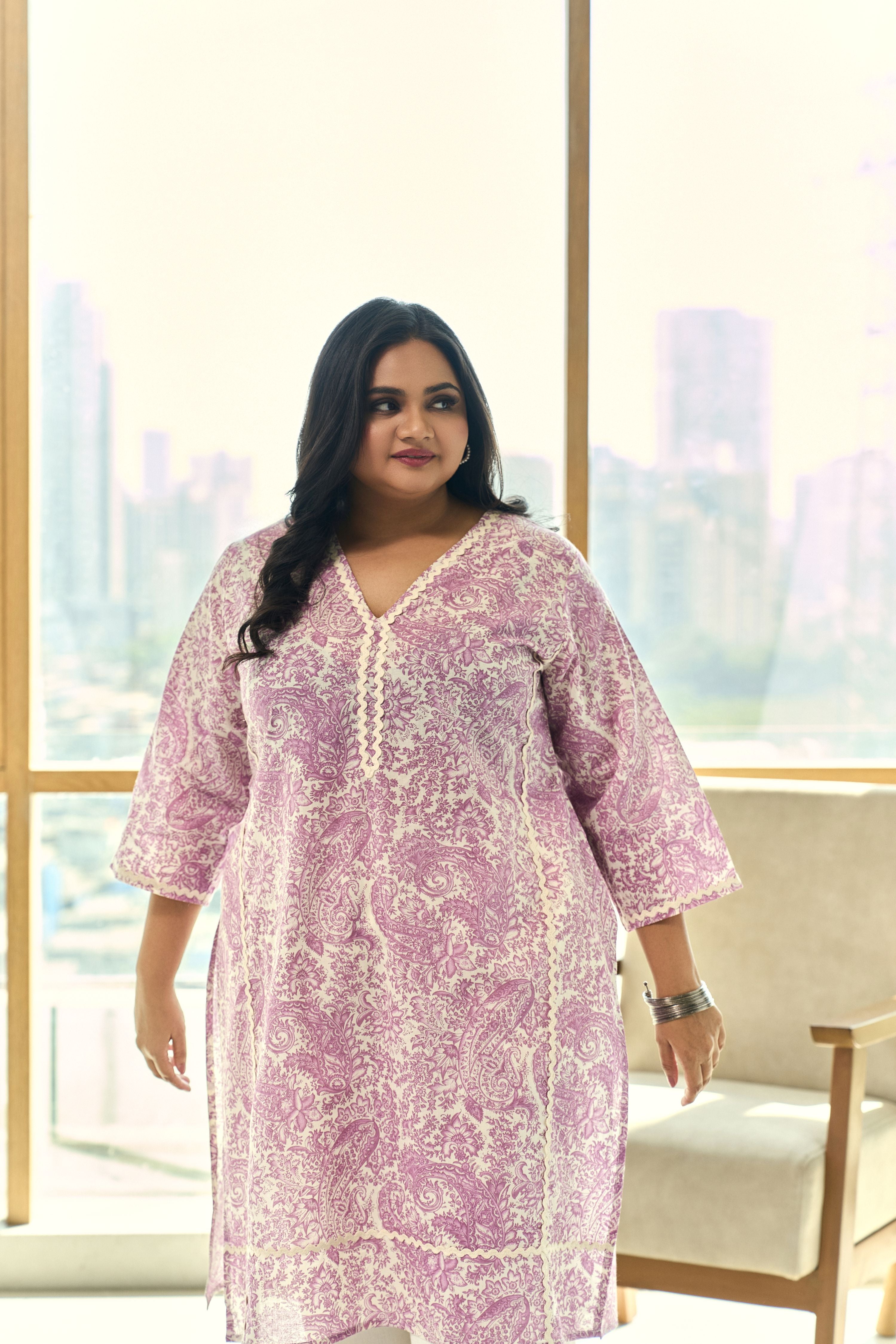 Women's Elegant Block Print Dusty Lilac Kurta(Only Kurta) - Nangalia Ruchira