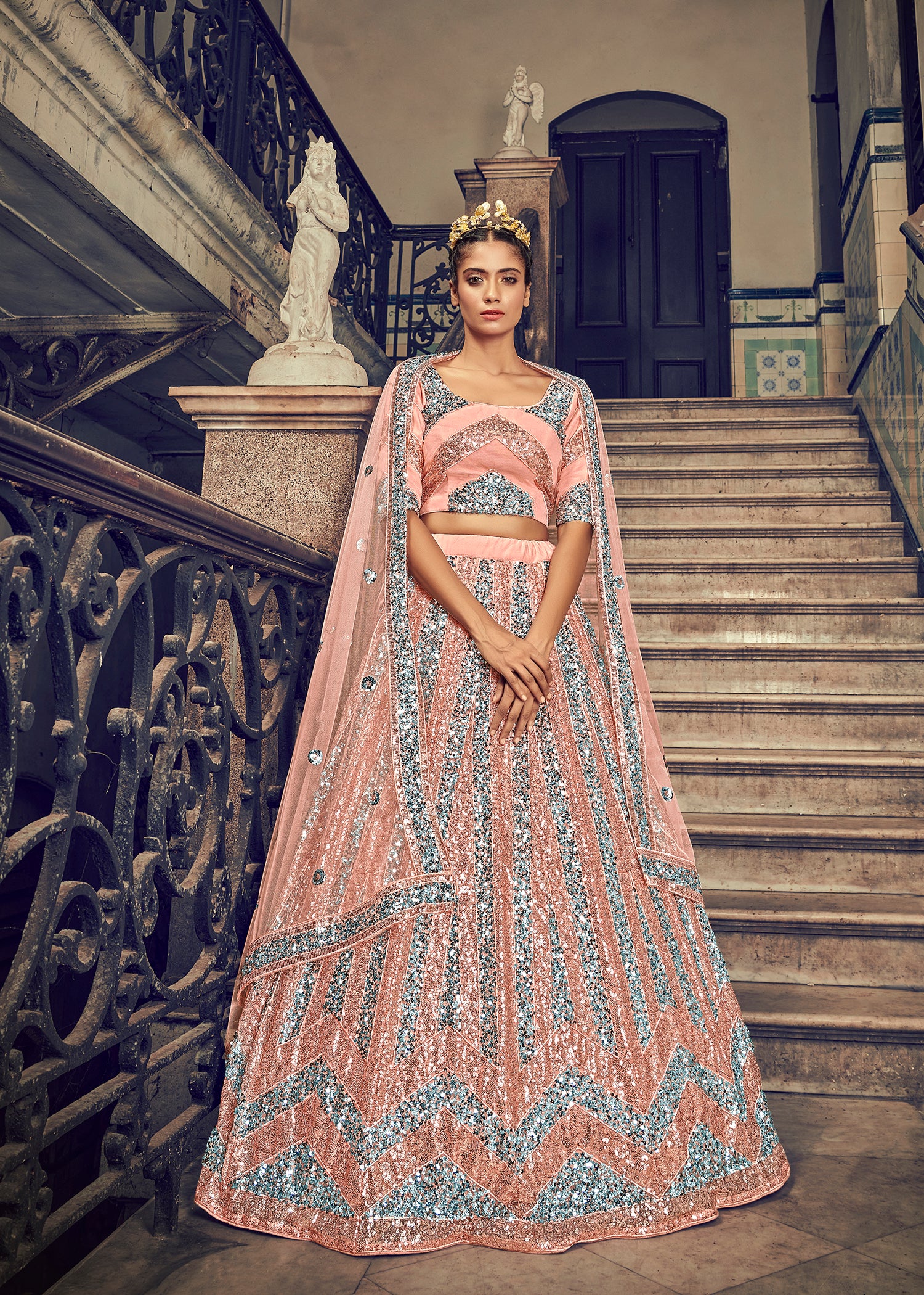 Women's Peach Net Sequince Embroidered Lehenga Set - Shubhkala