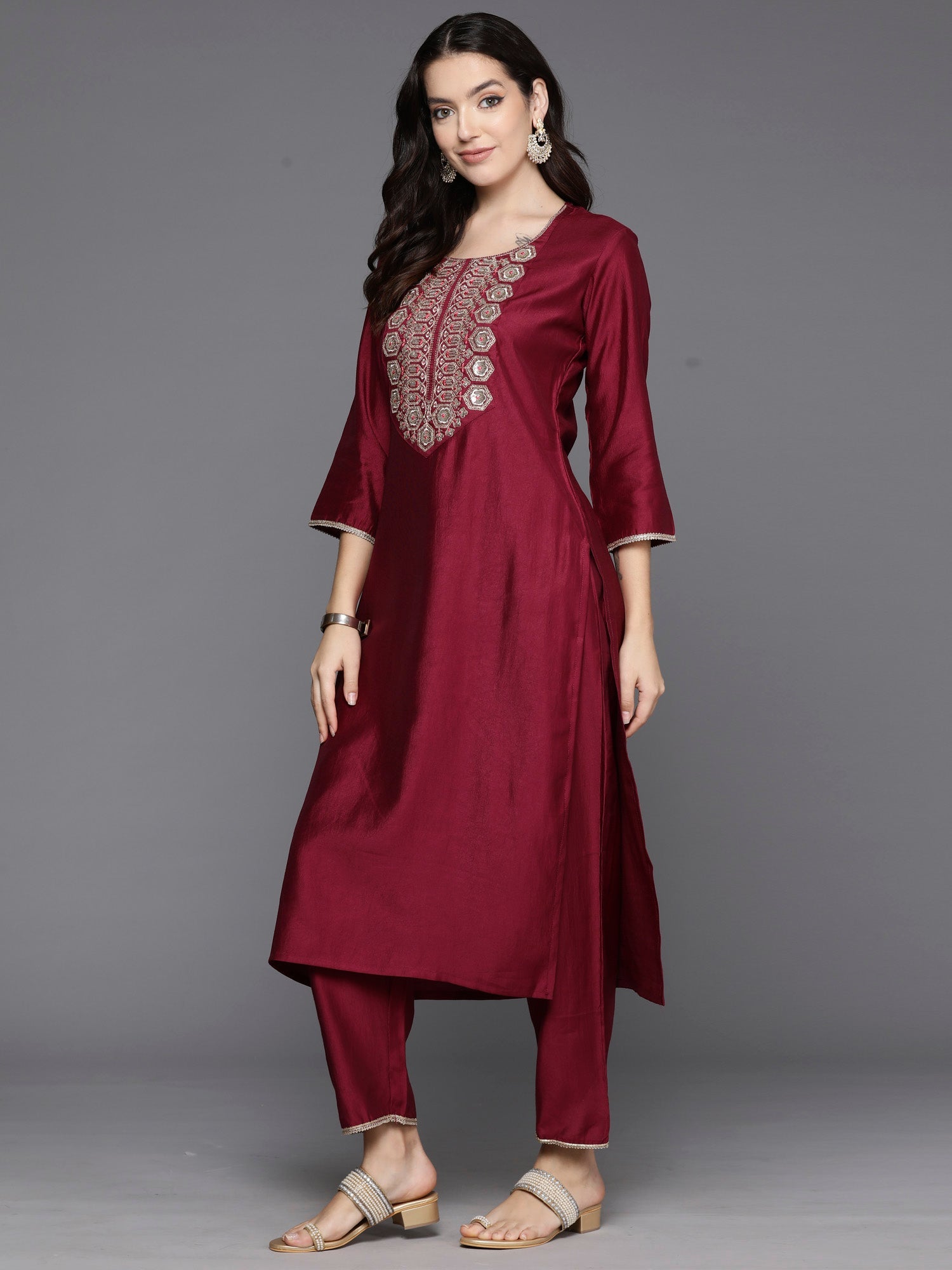 Women's Burgundy Liva Kurta Set - Taantav