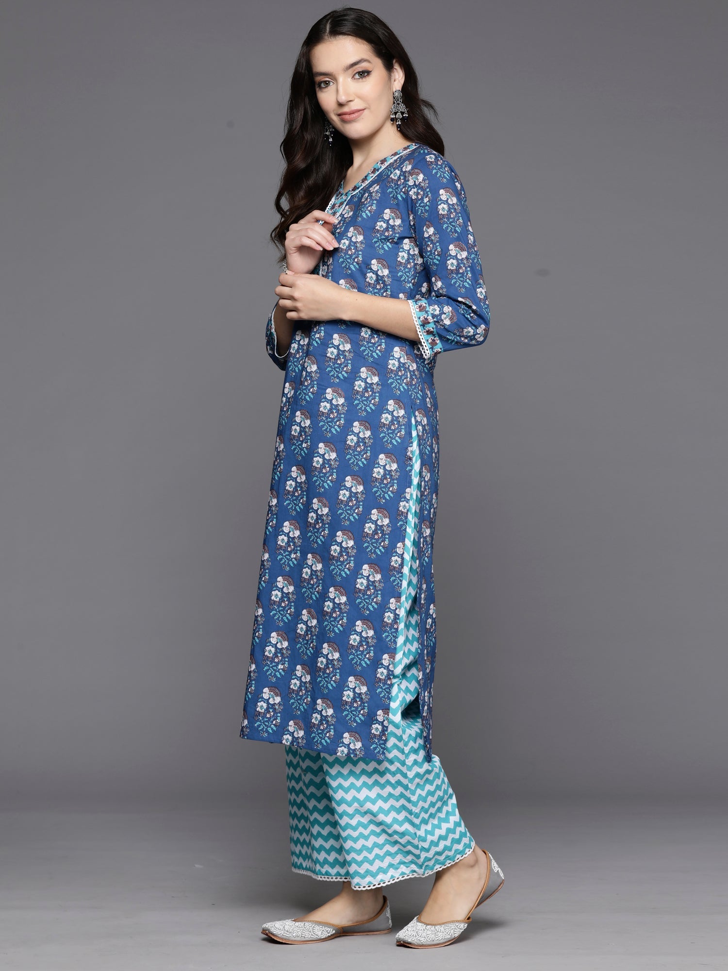 Women's Blue Pure Cotton Kurta Set - Taantav