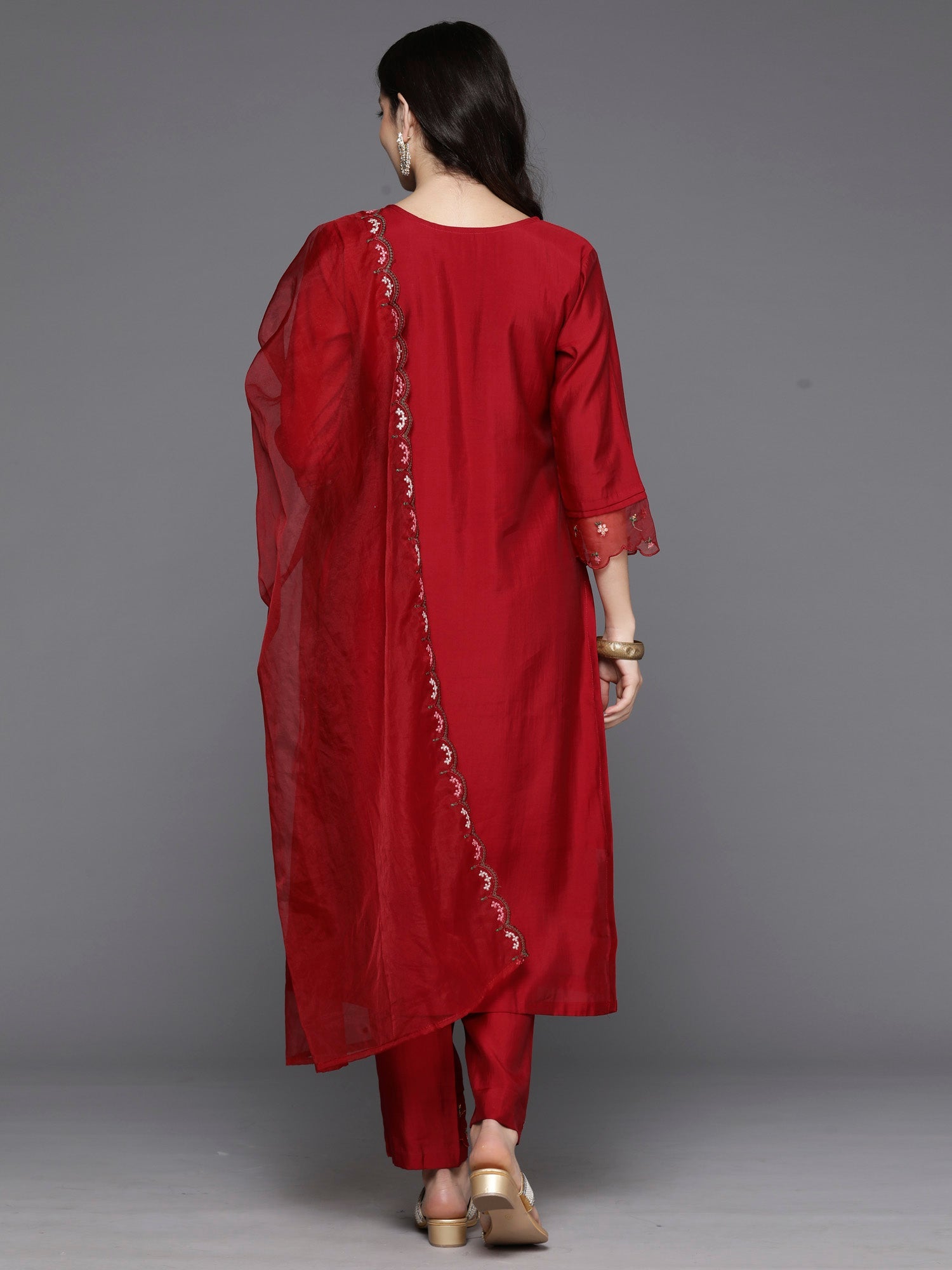 Women's Red Silk Blend Kurta Set - Taantav