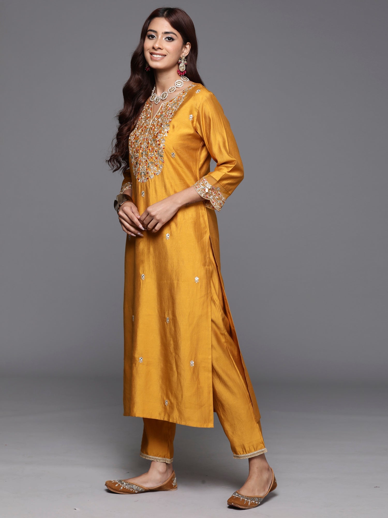 Women's Mustard Liva Kurta Set - Taantav