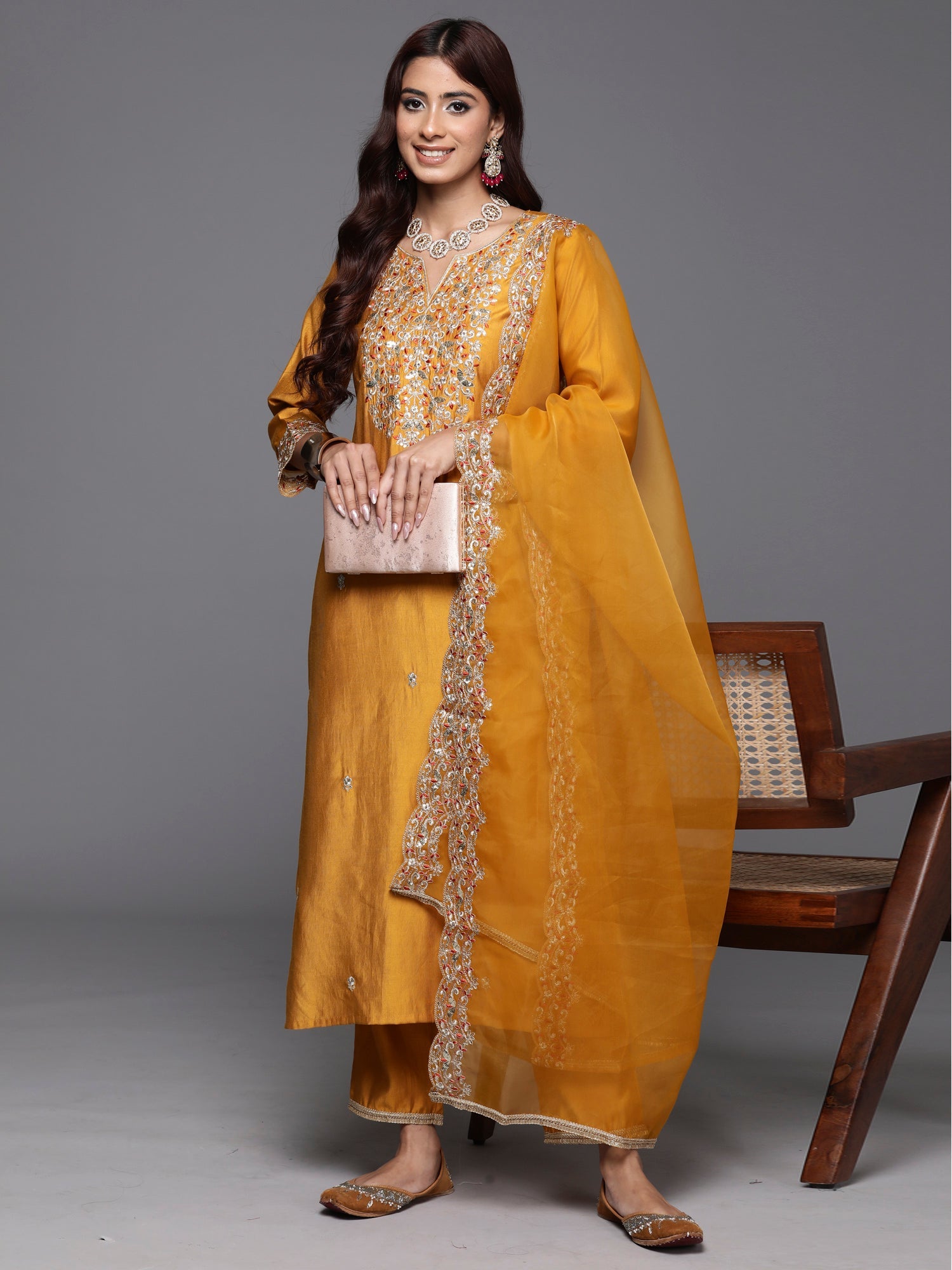 Women's Mustard Liva Kurta Set - Taantav