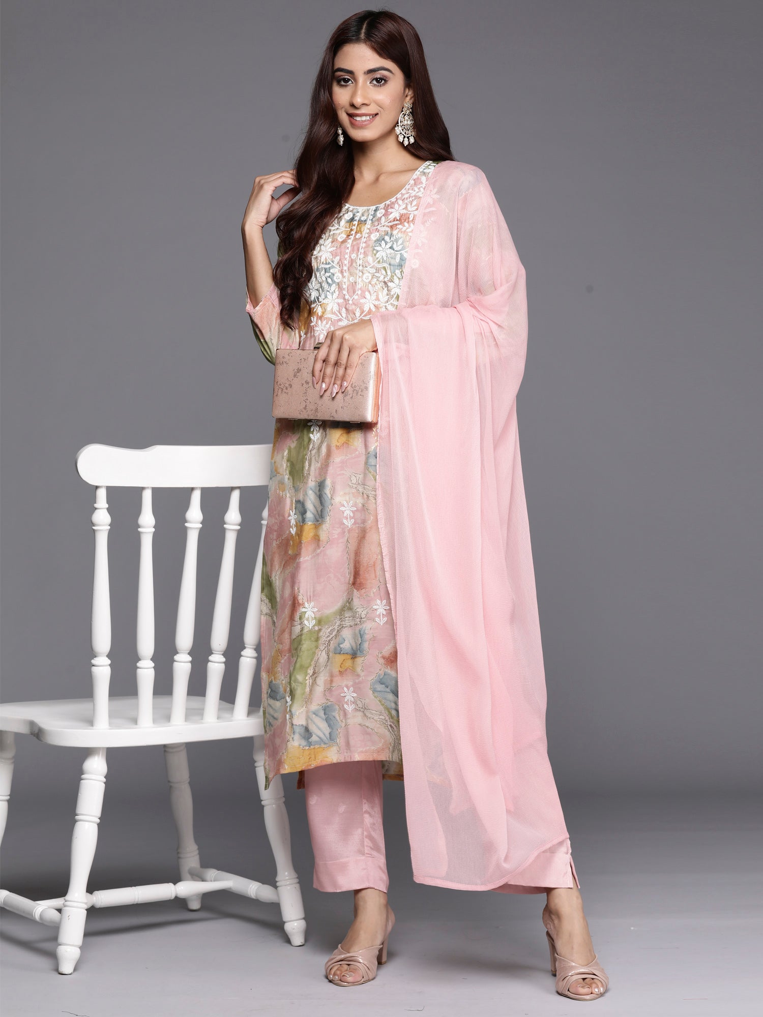 Women's Peach Silk Blend Kurta Set - Taantav