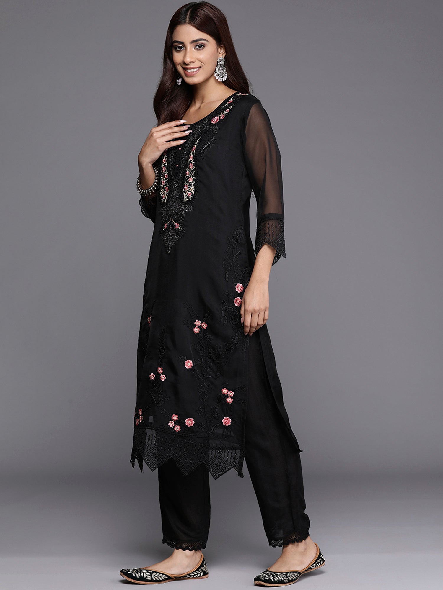 Women's Black Organza Kurta Set - Taantav