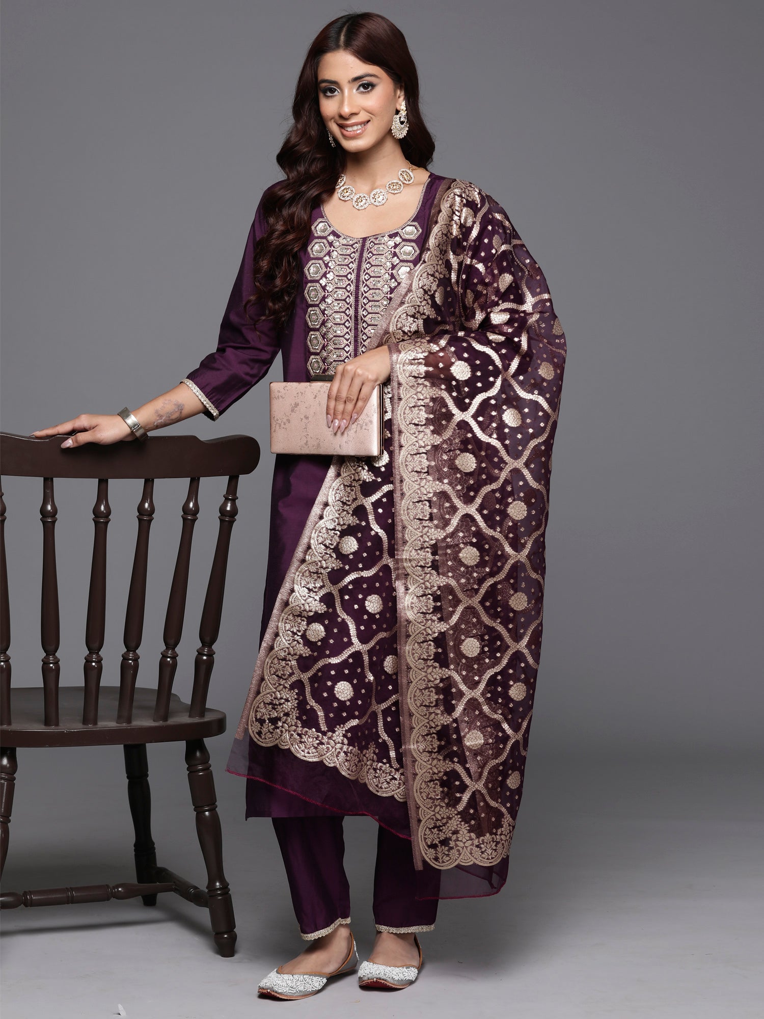 Women's Purple Silk Blend Kurta Set - Taantav