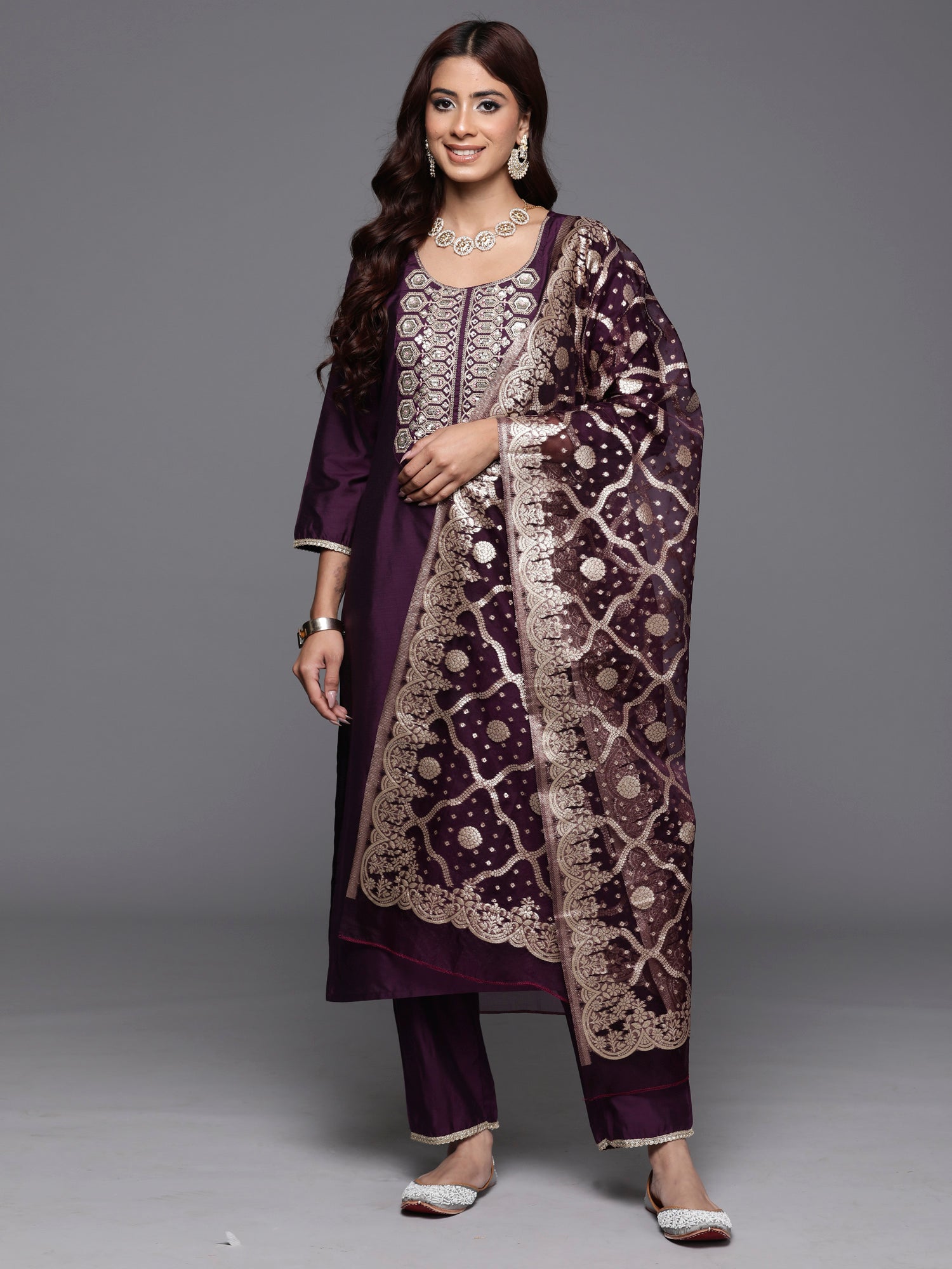 Women's Purple Silk Blend Kurta Set - Taantav