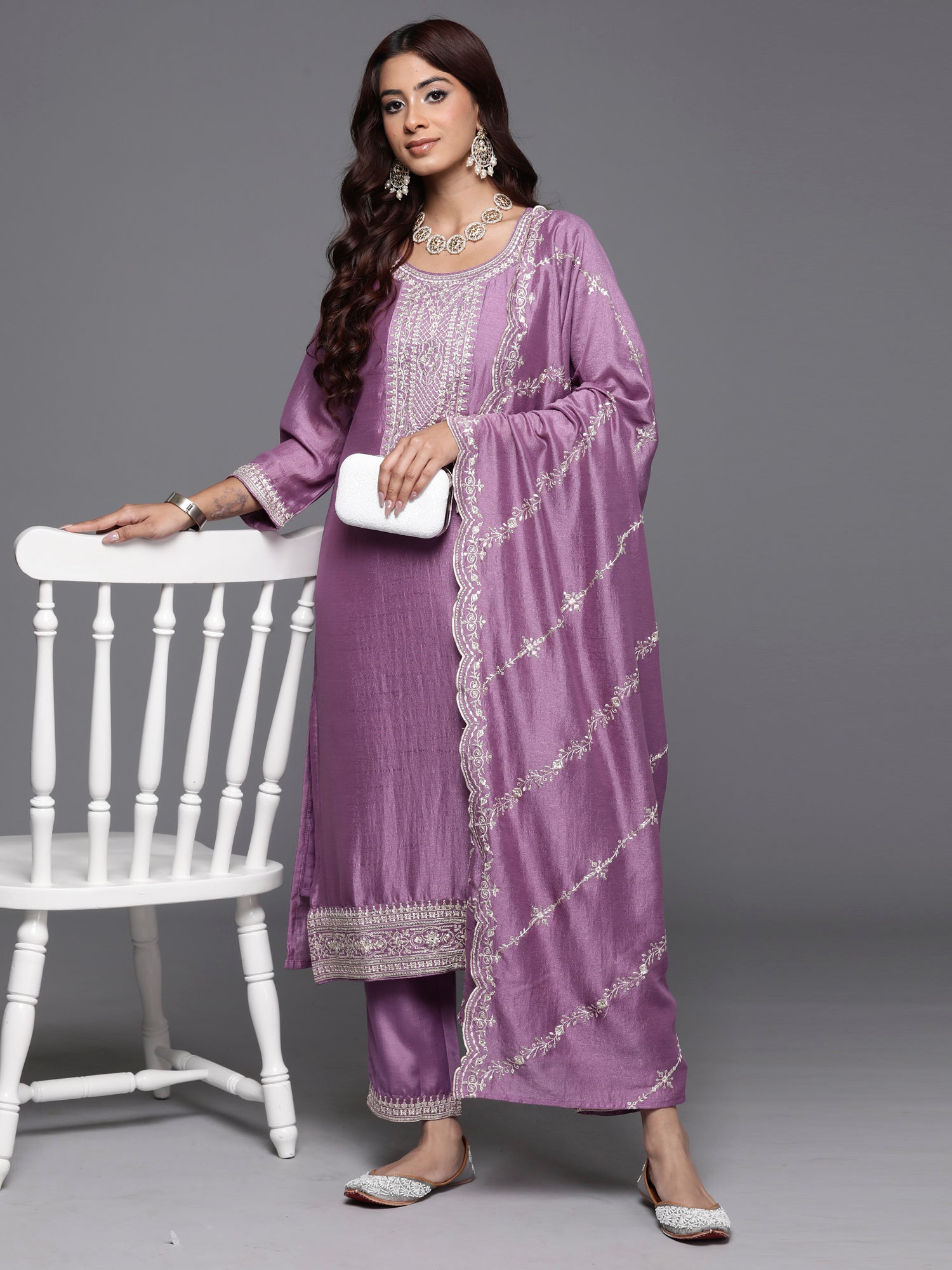 Women's Lavender Silk Blend Kurta Set - Taantav