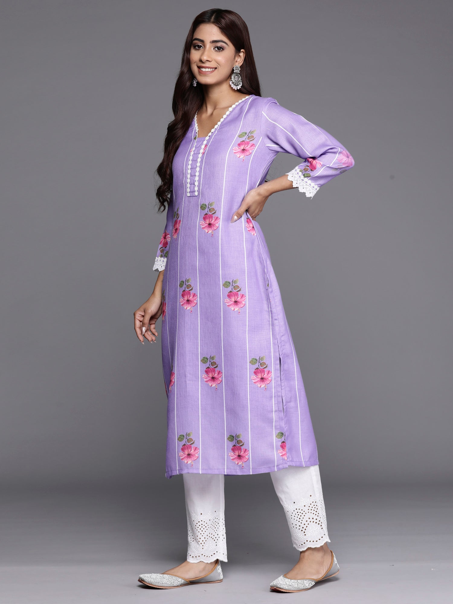 Women's Lavender Linen Kurta Set - Taantav