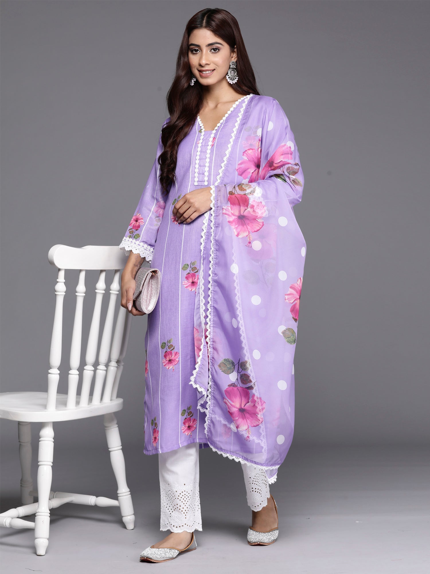 Women's Lavender Linen Kurta Set - Taantav