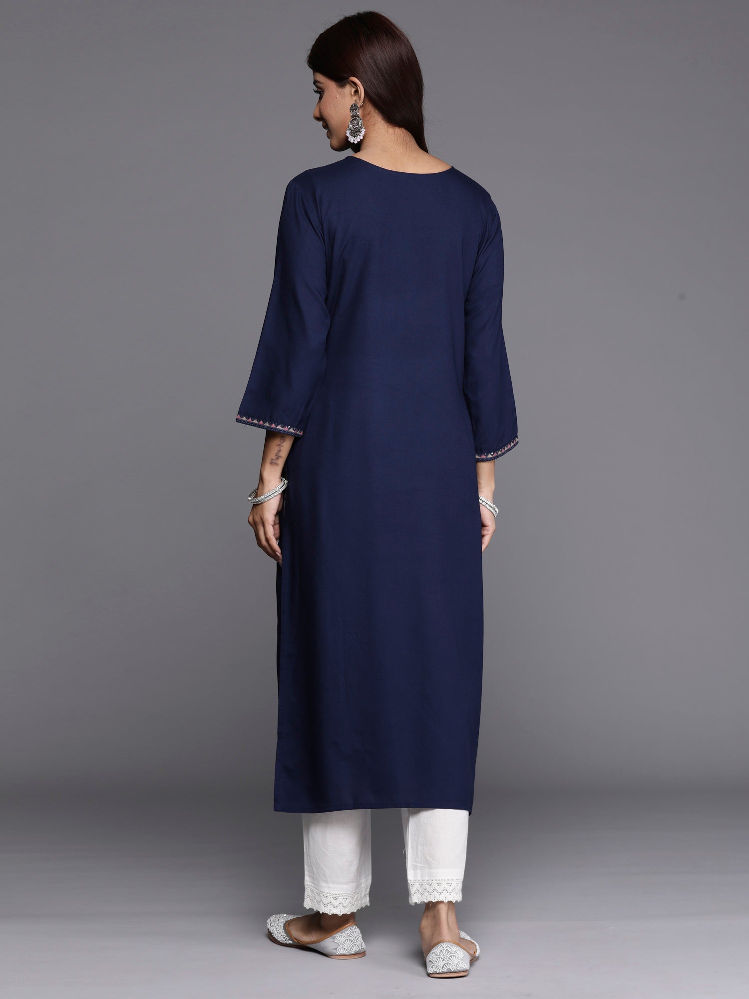 Women's Navy Blue Viscose Rayon Kurta - Taantav