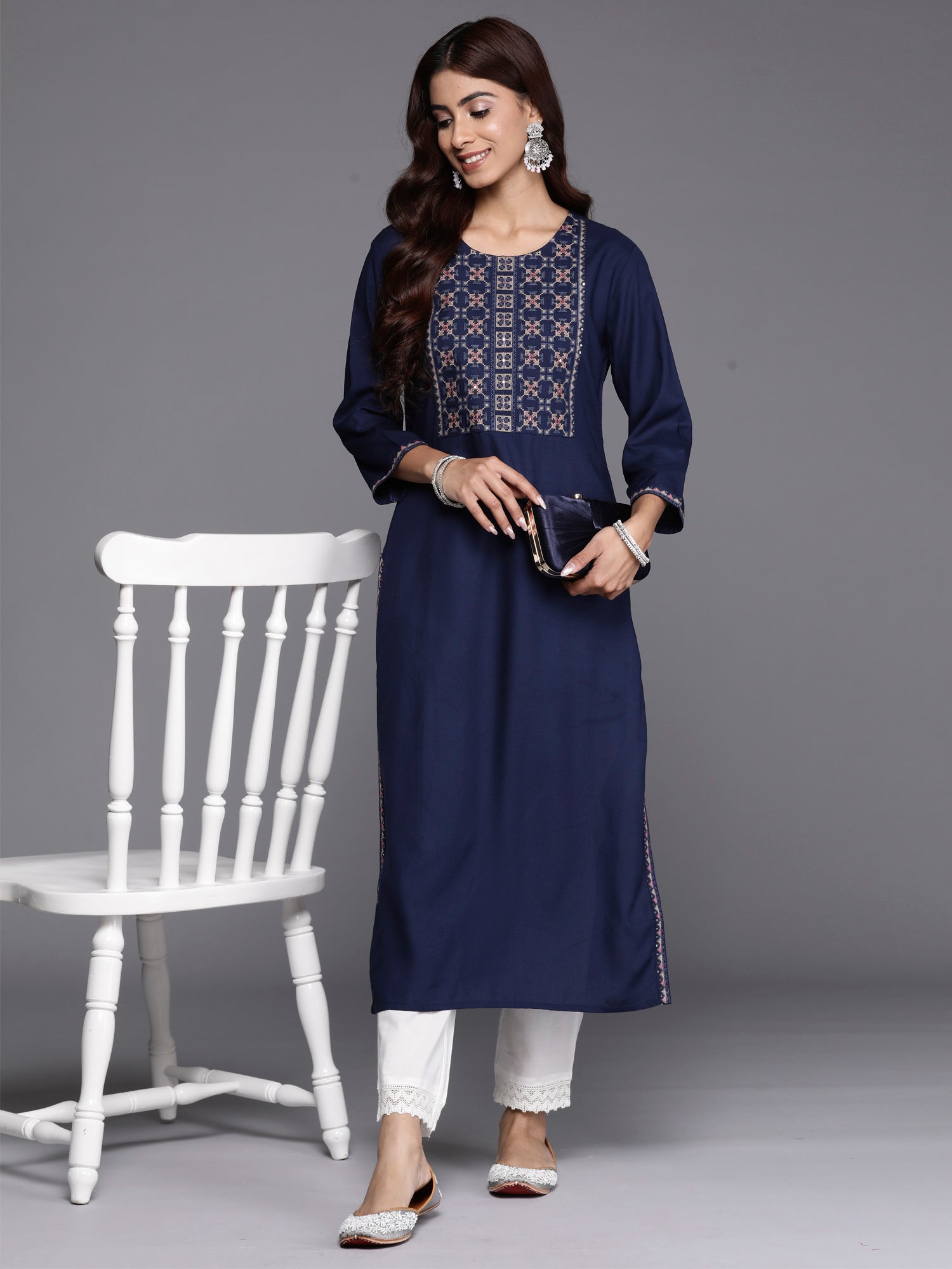 Women's Navy Blue Viscose Rayon Kurta - Taantav