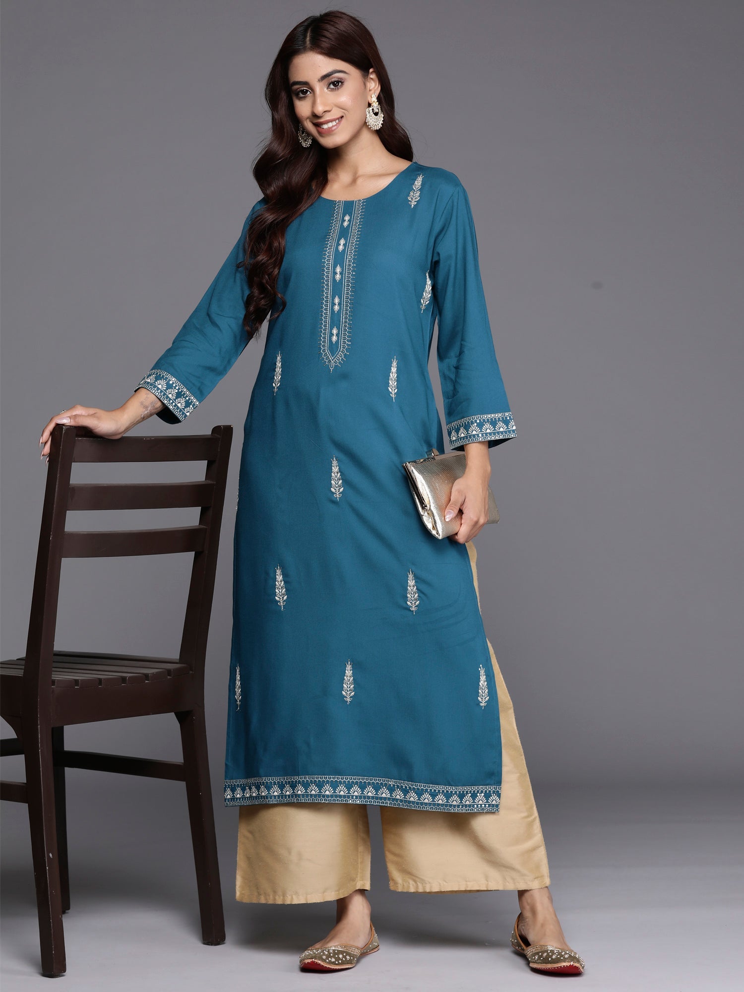 Women's Teal Viscose Rayon Kurta - Taantav