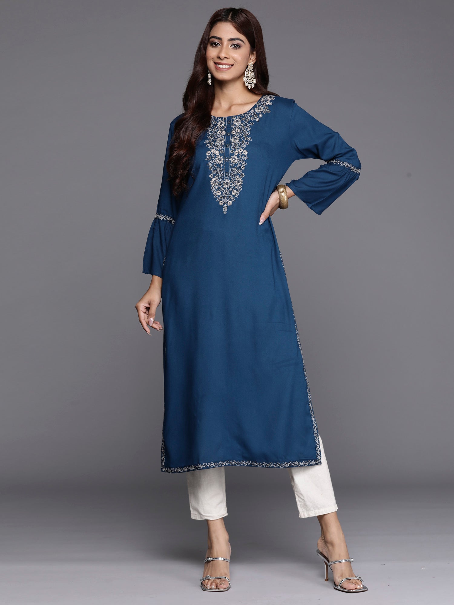 Women's Teal Viscose Rayon Kurta - Taantav