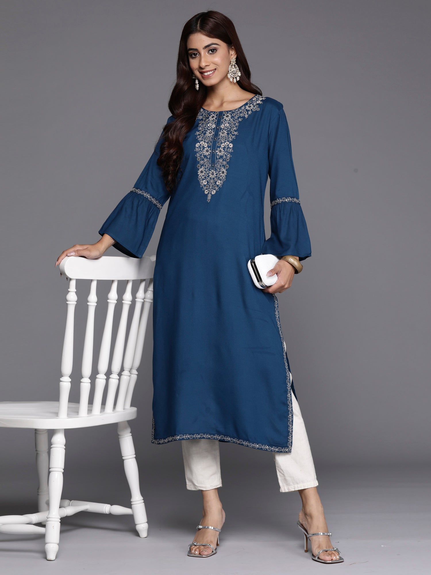 Women's Teal Viscose Rayon Kurta - Taantav