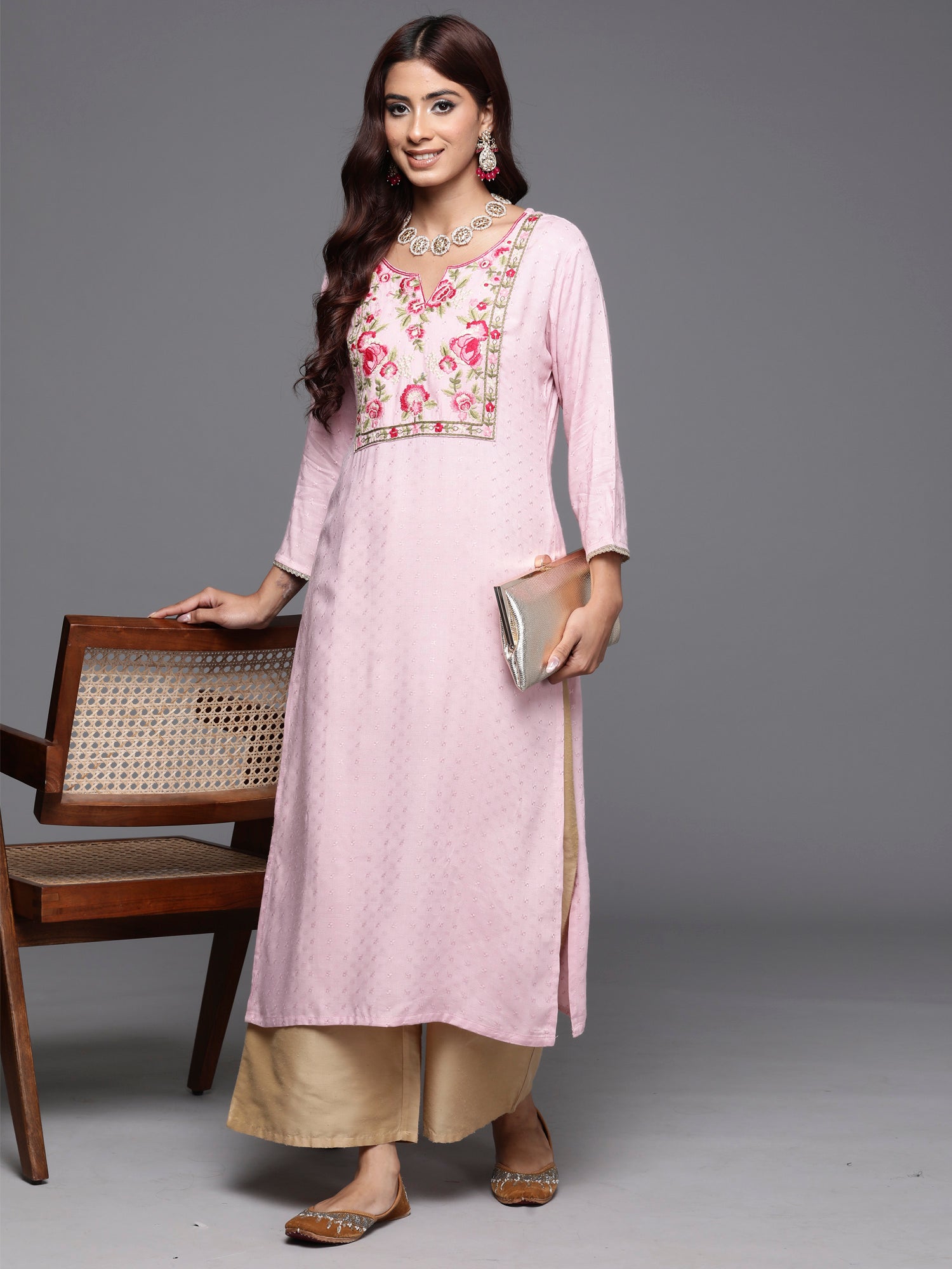 Women's Pink Polyester Kurta - Taantav