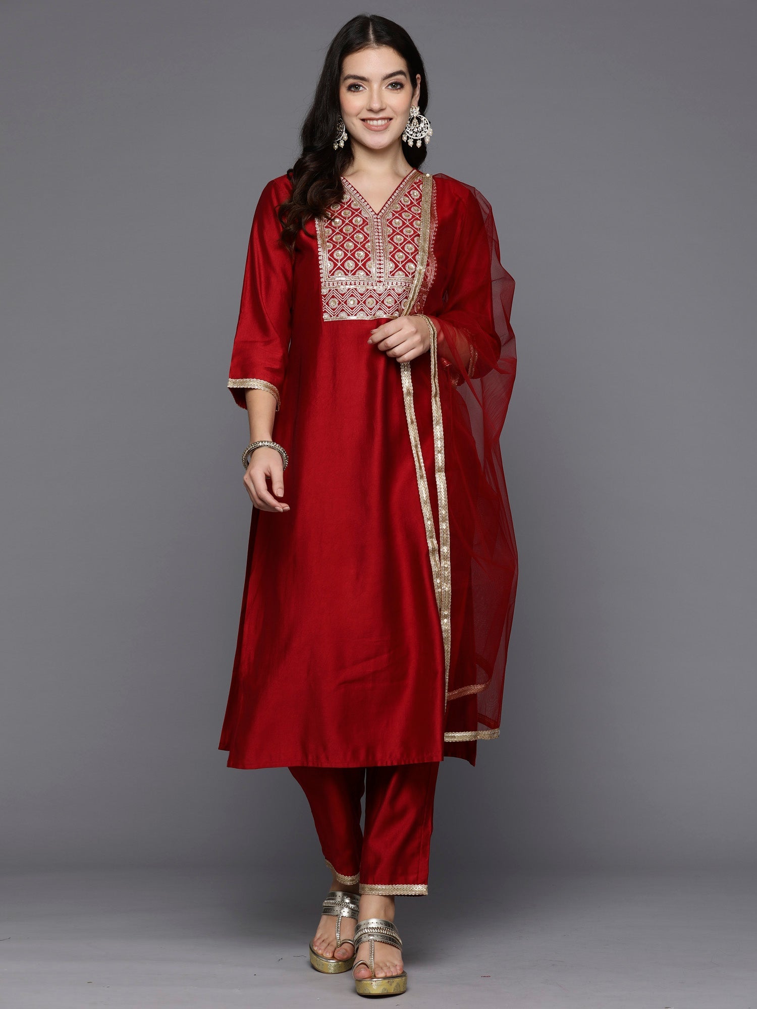 Women's Red Liva Kurta Set - Taantav