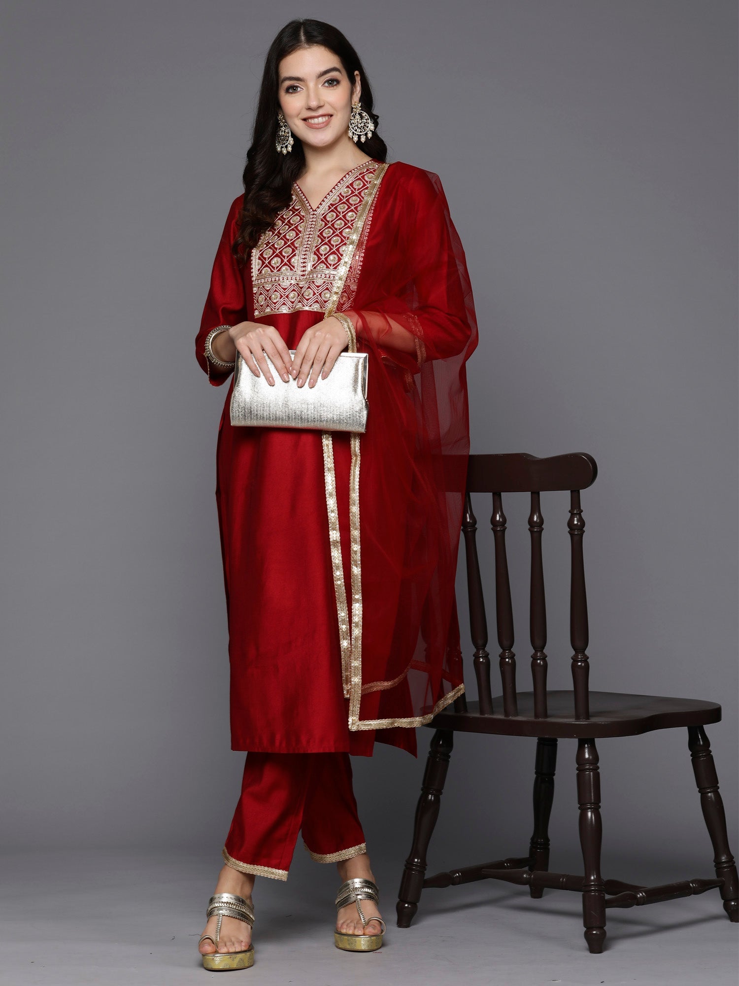 Women's Red Liva Kurta Set - Taantav