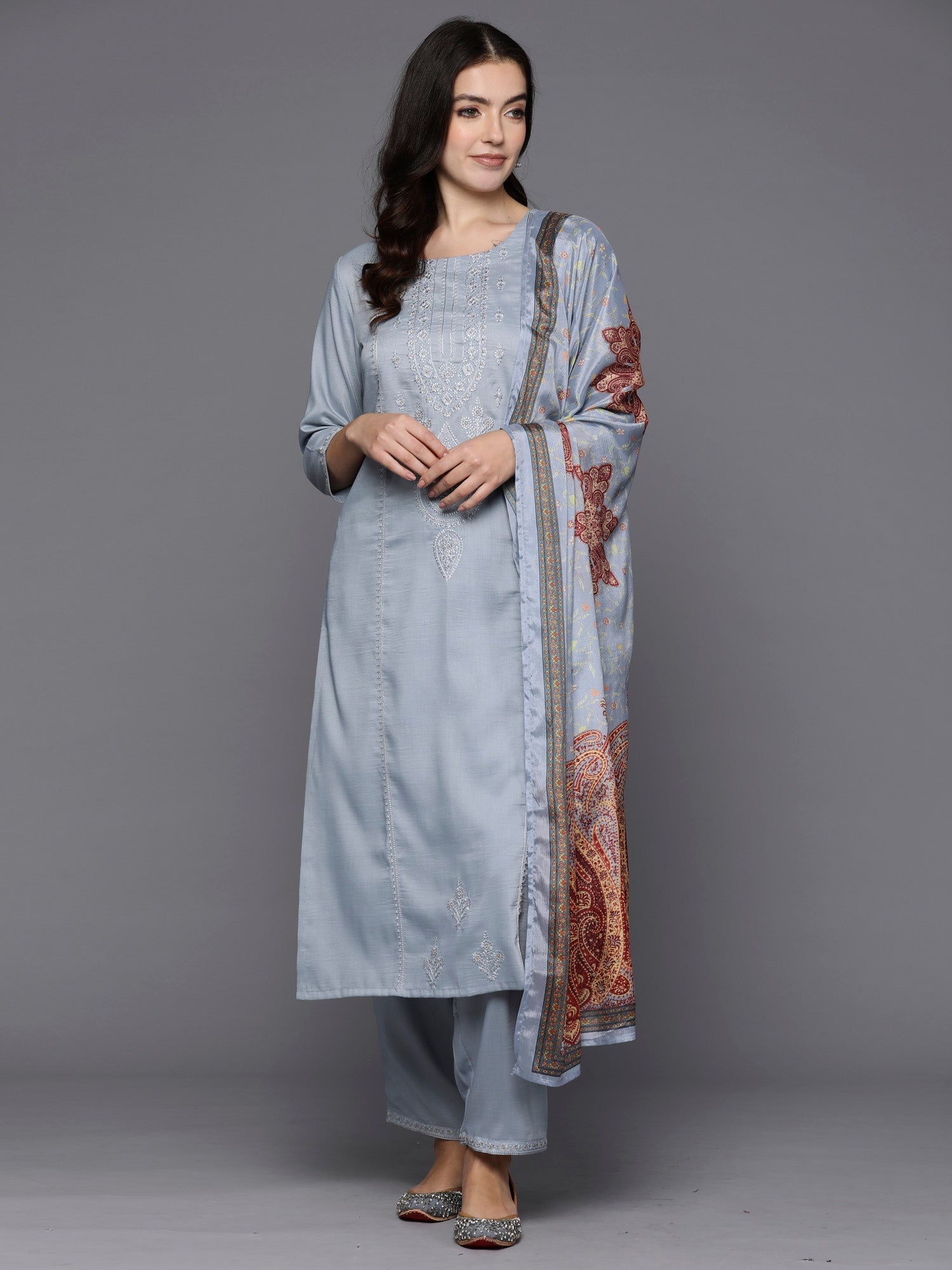 Women's Grey Silk Blend Kurta Set - Taantav