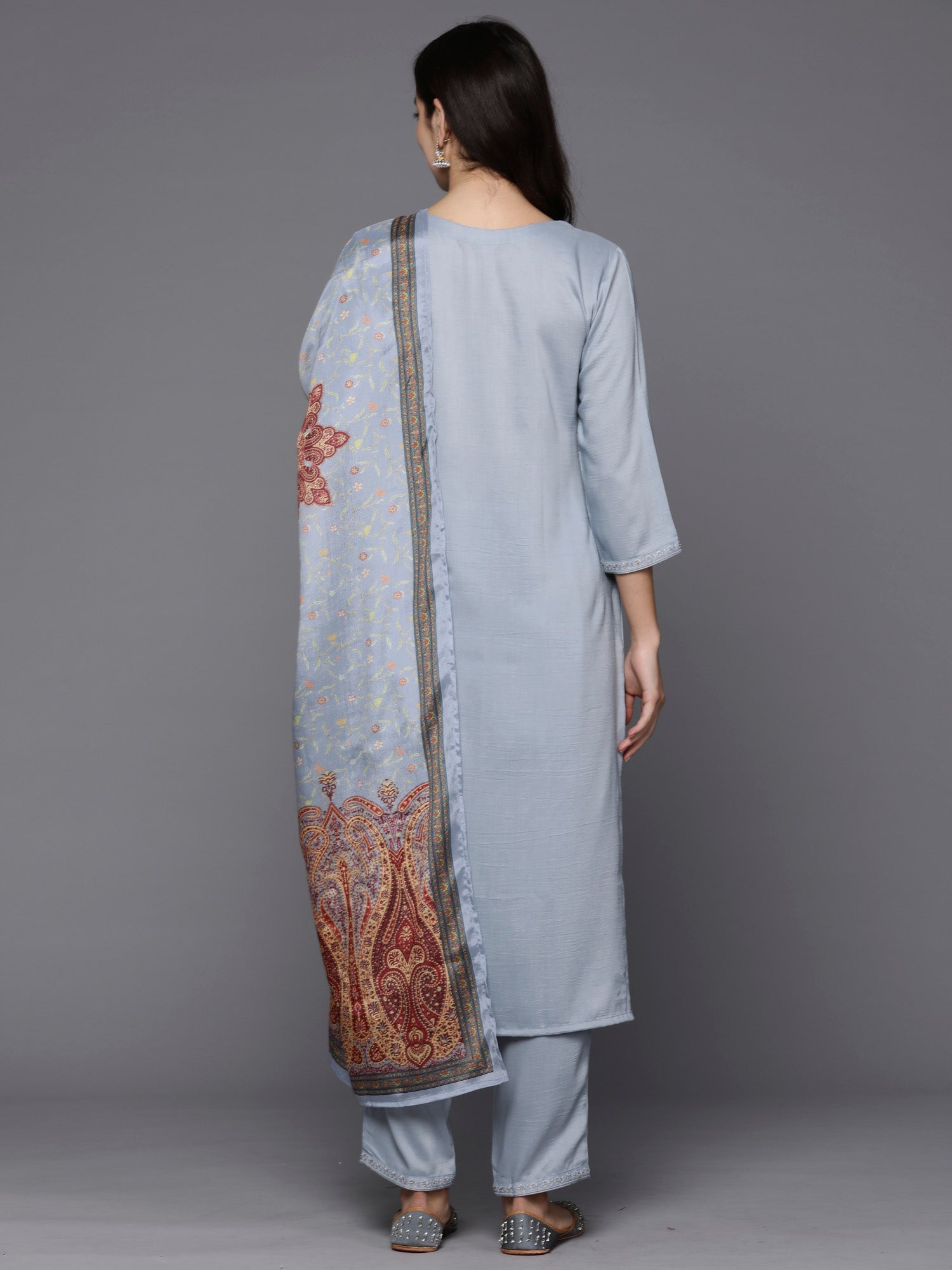 Women's Grey Silk Blend Kurta Set - Taantav