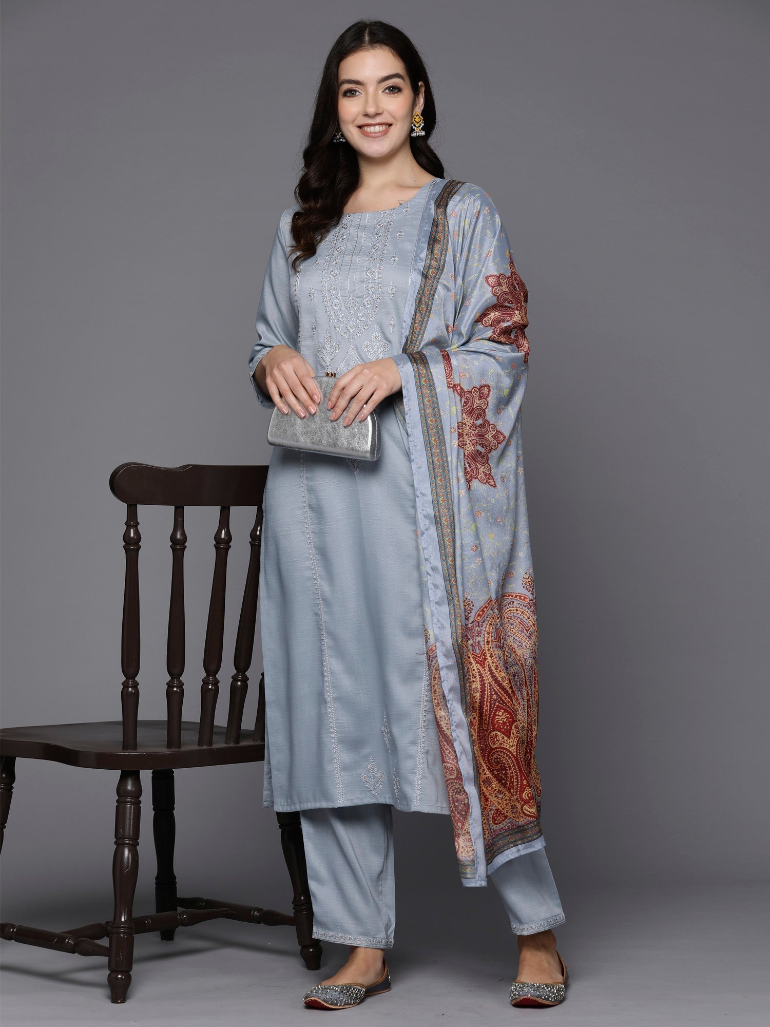 Women's Grey Silk Blend Kurta Set - Taantav