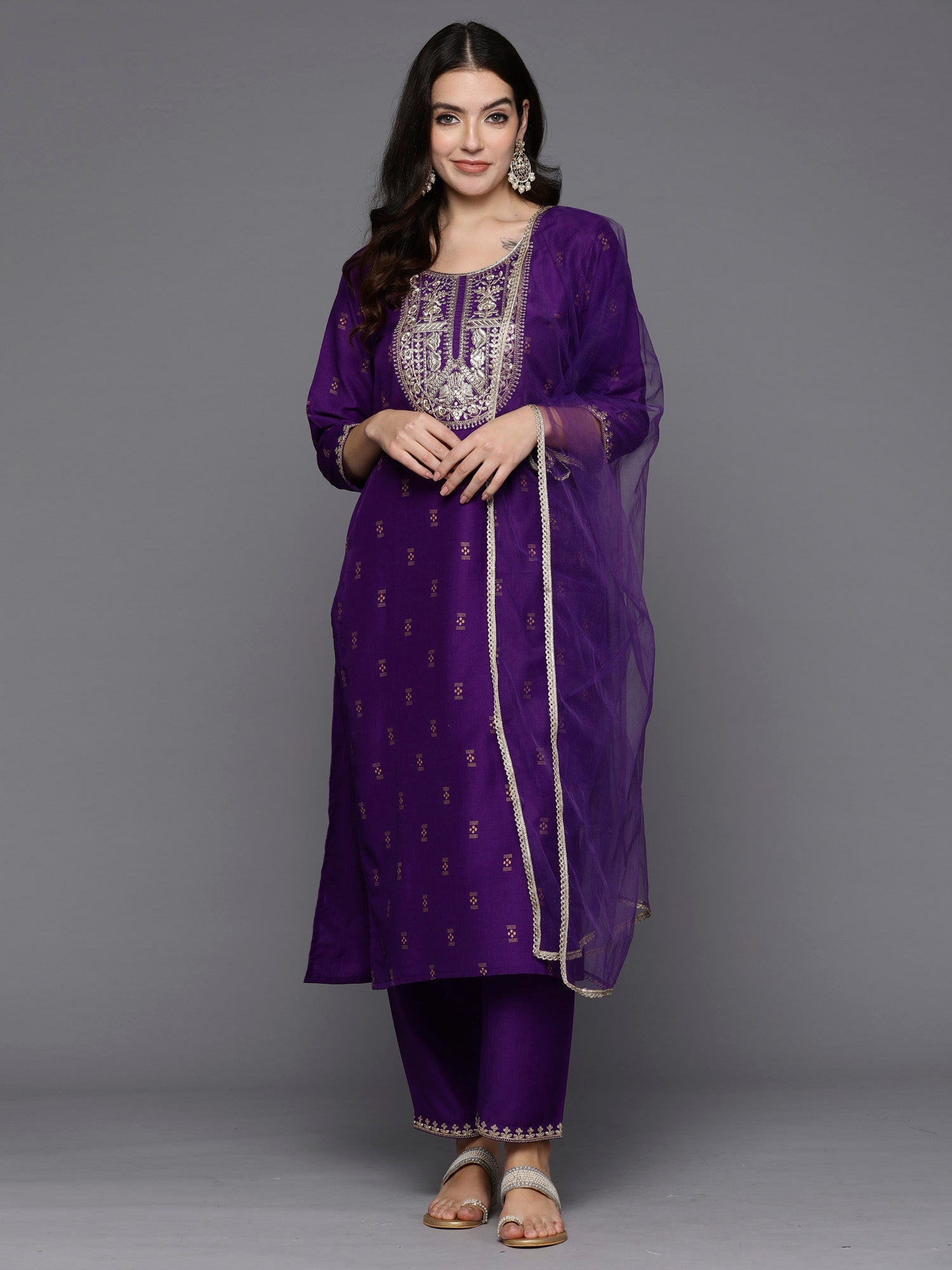 Women's Purple Silk Blend Kurta Set - Taantav