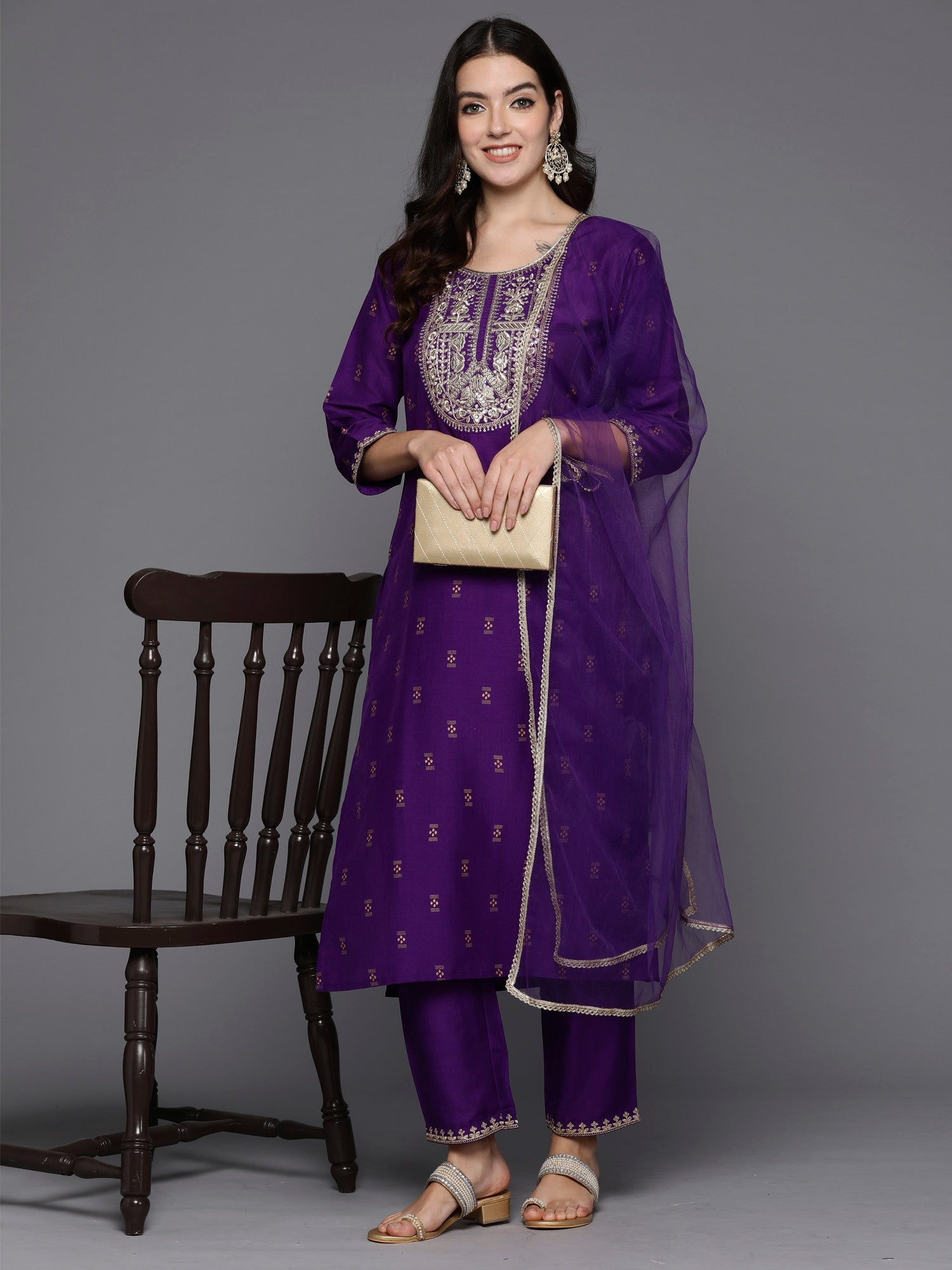 Women's Purple Silk Blend Kurta Set - Taantav