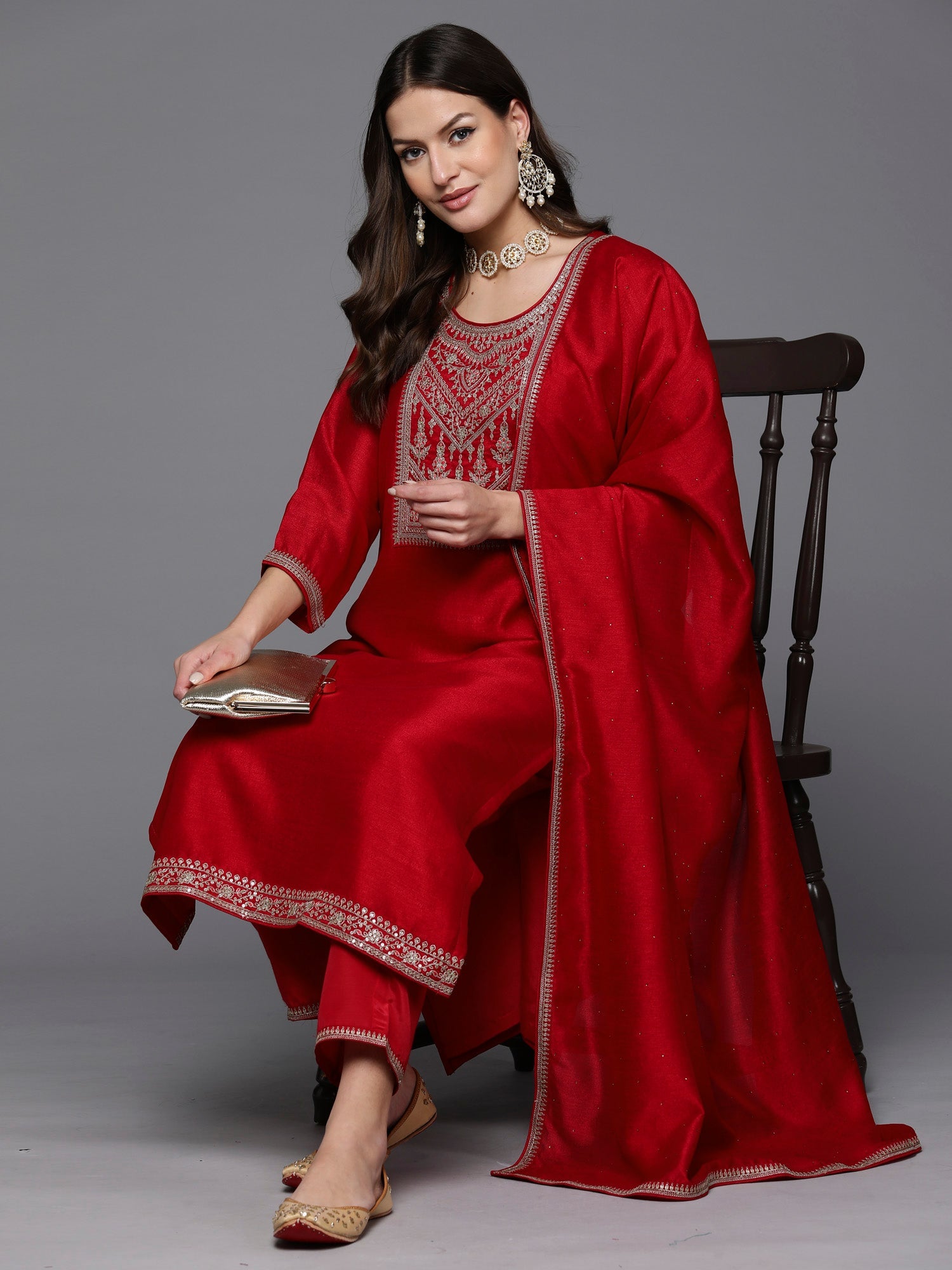 Women's Maroon Silk Blend Kurta Set - Taantav