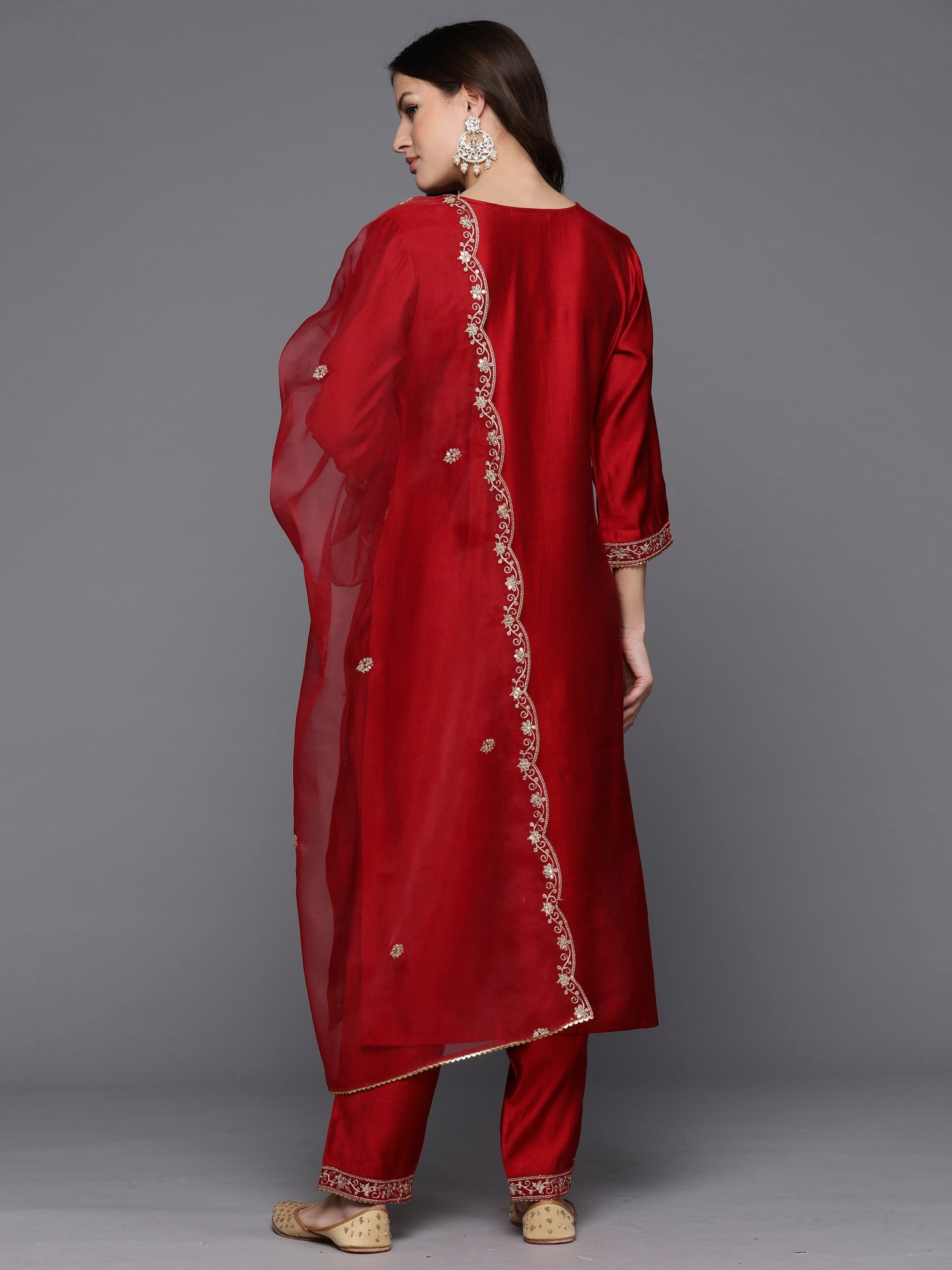 Women's Red Silk Blend Kurta Set - Taantav