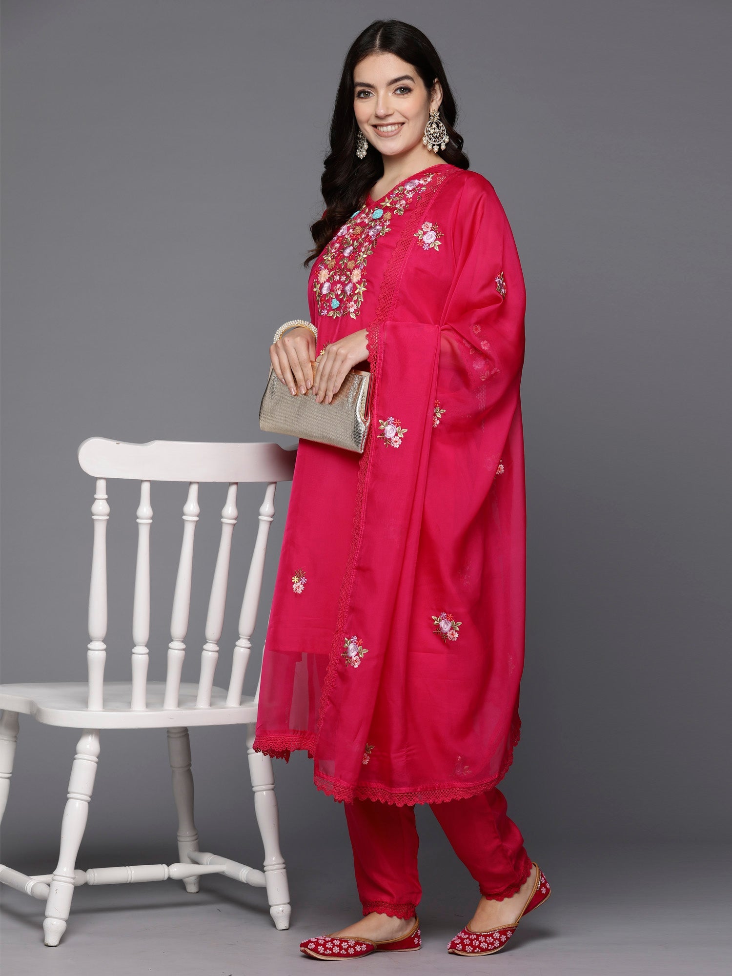 Women's Magenta Organza Kurta Set - Taantav