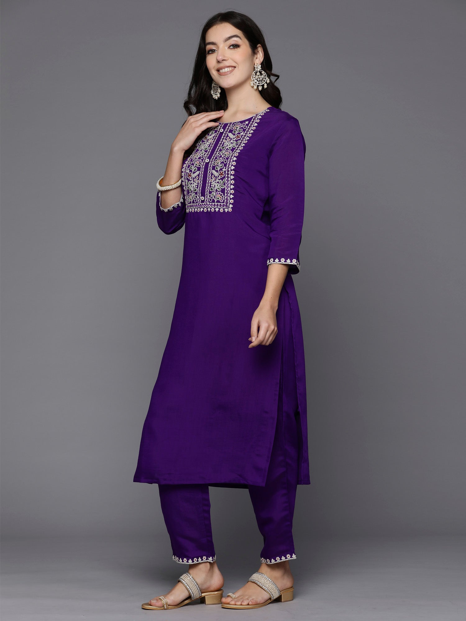 Women's Purple Silk Blend Kurta Set - Taantav