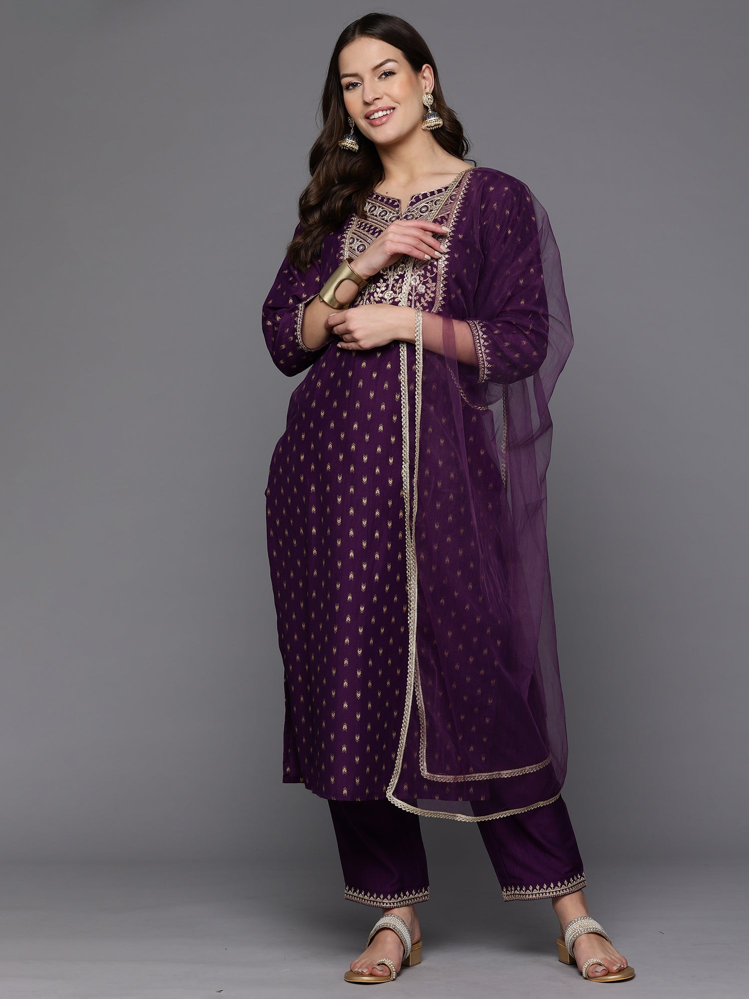 Women's Purple Polyester Kurta Set - Taantav