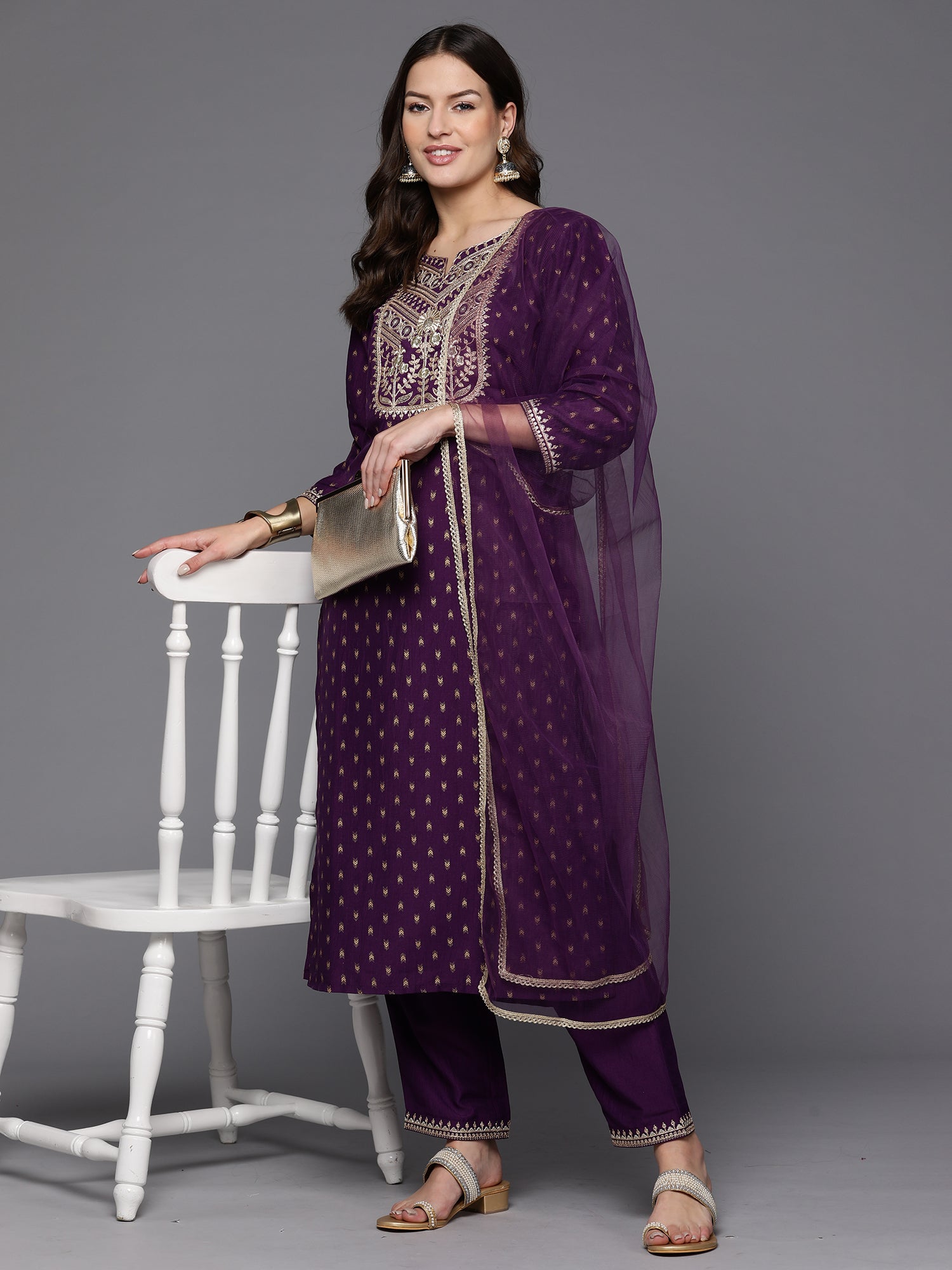 Women's Purple Polyester Kurta Set - Taantav