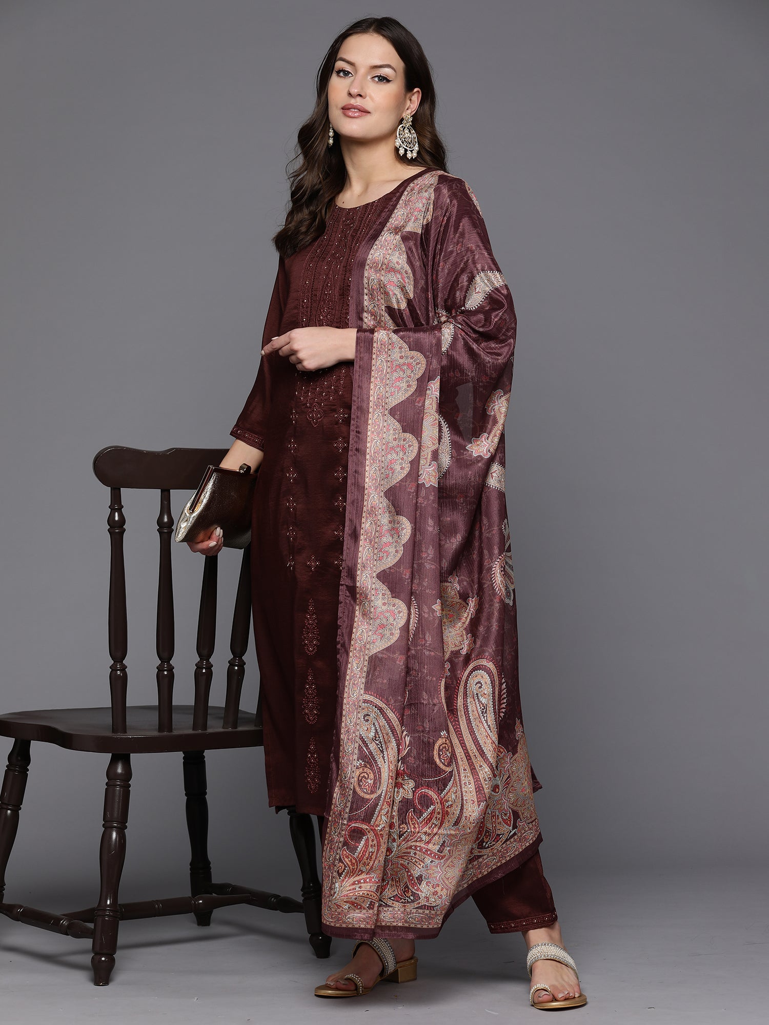 Women's Burgundy Silk Blend Kurta Set - Taantav