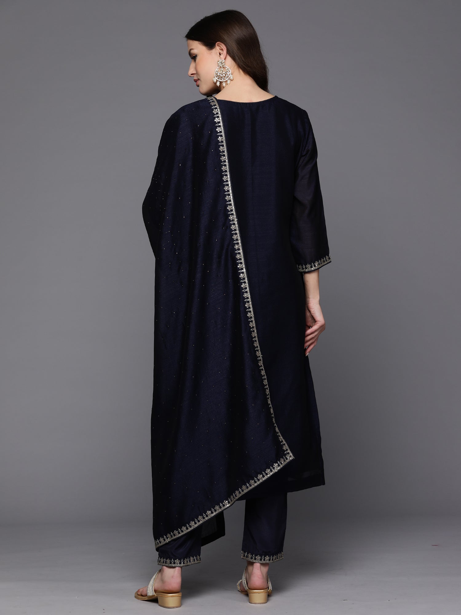 Women's Navy Blue Silk Blend Kurta Set - Taantav