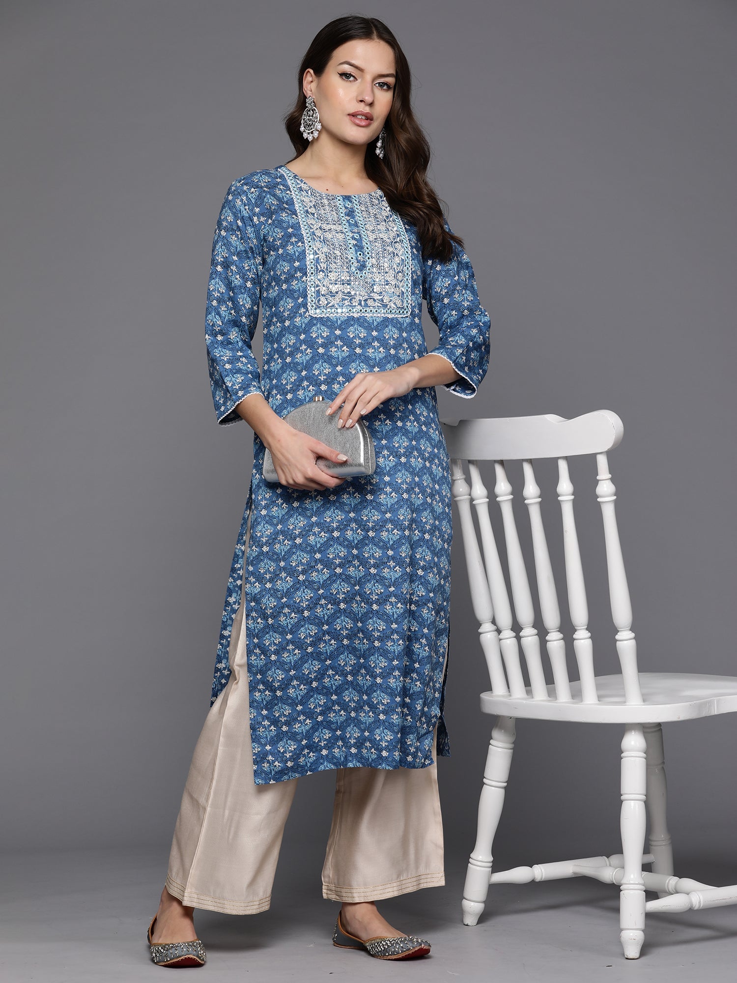 Women's Blue Viscose Rayon Kurta - Taantav