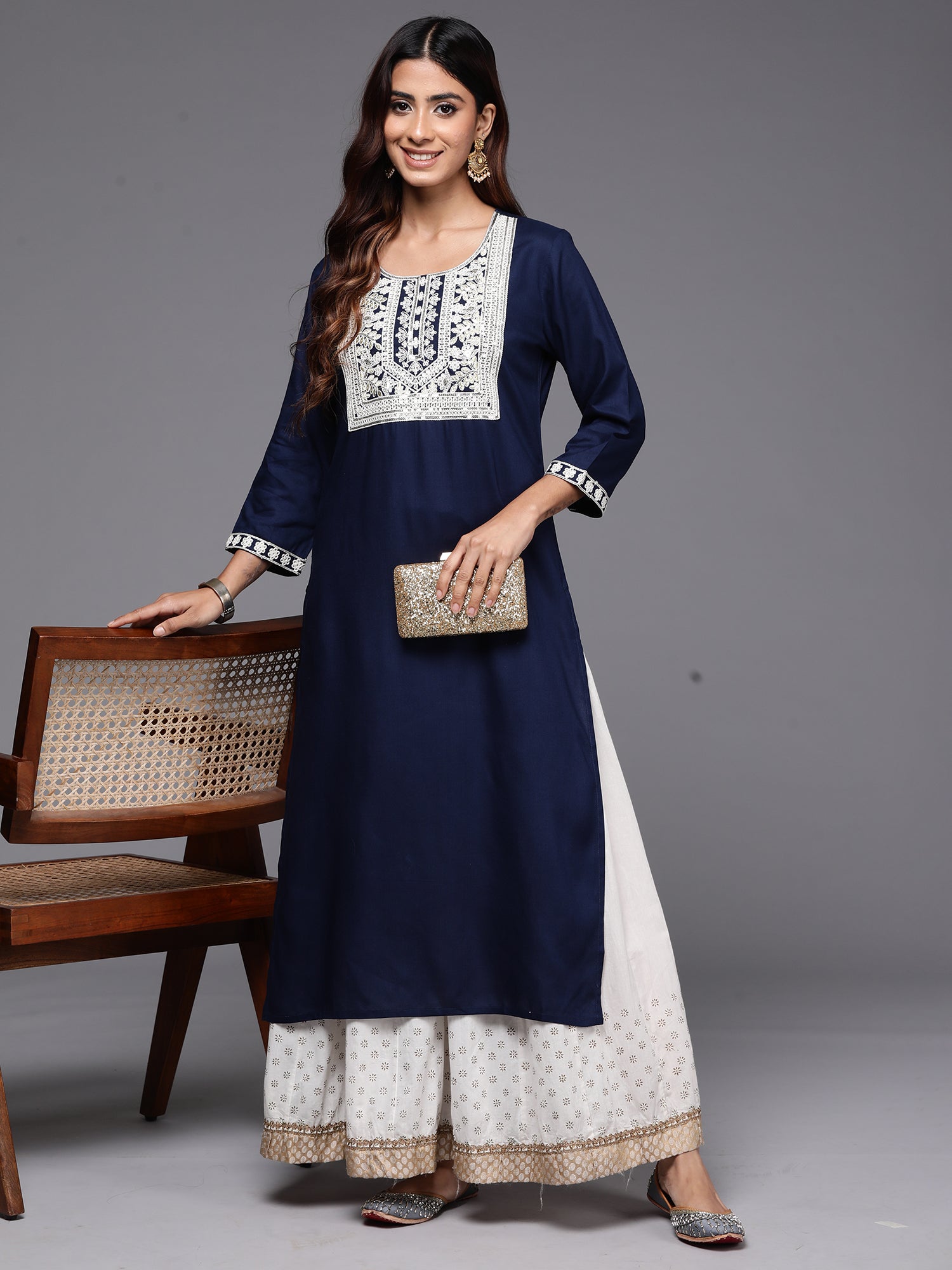 Women's Navy Blue Viscose Rayon Kurta - Taantav