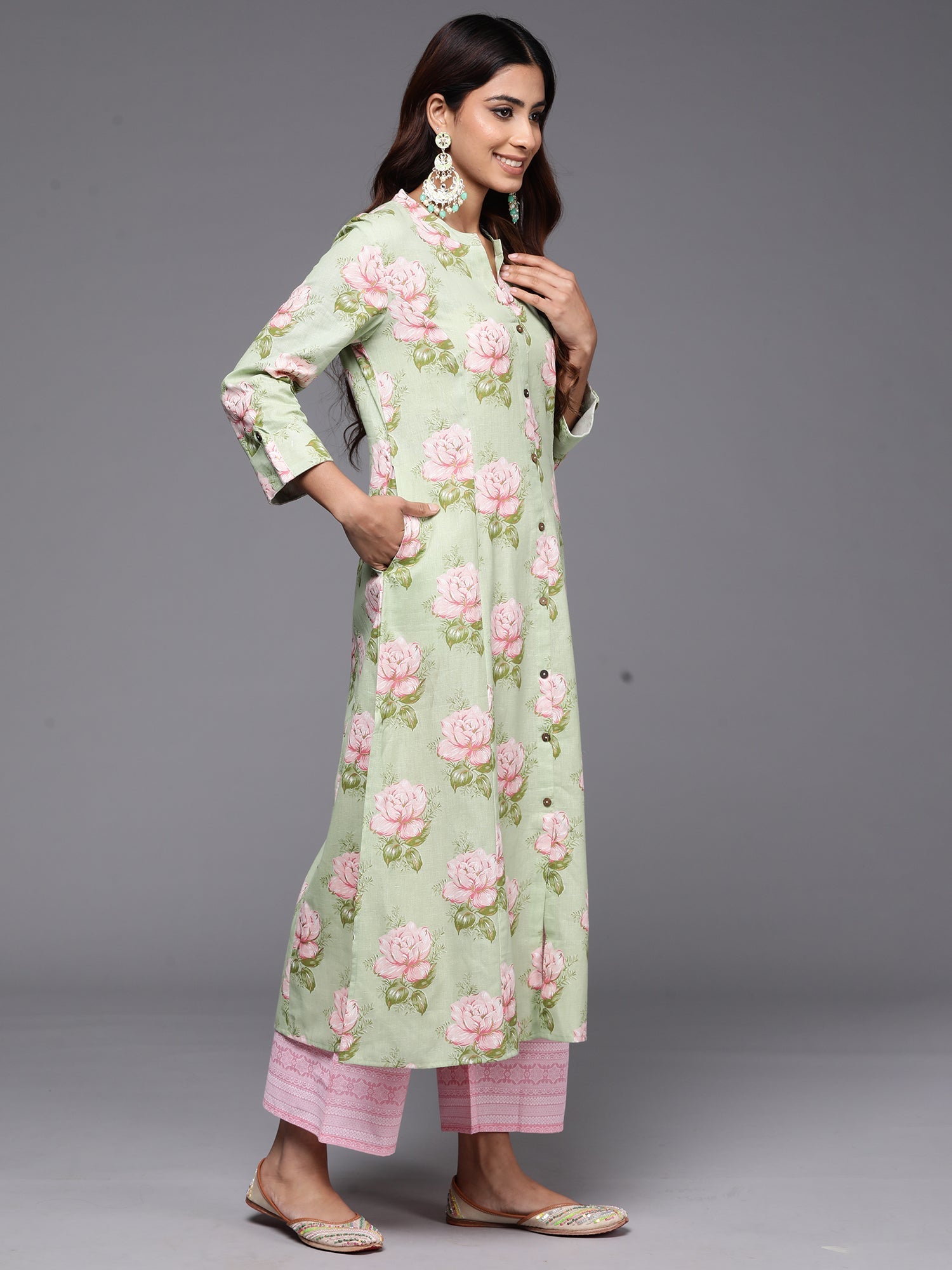 Women's Sea Green Cotton Kurta - Taantav