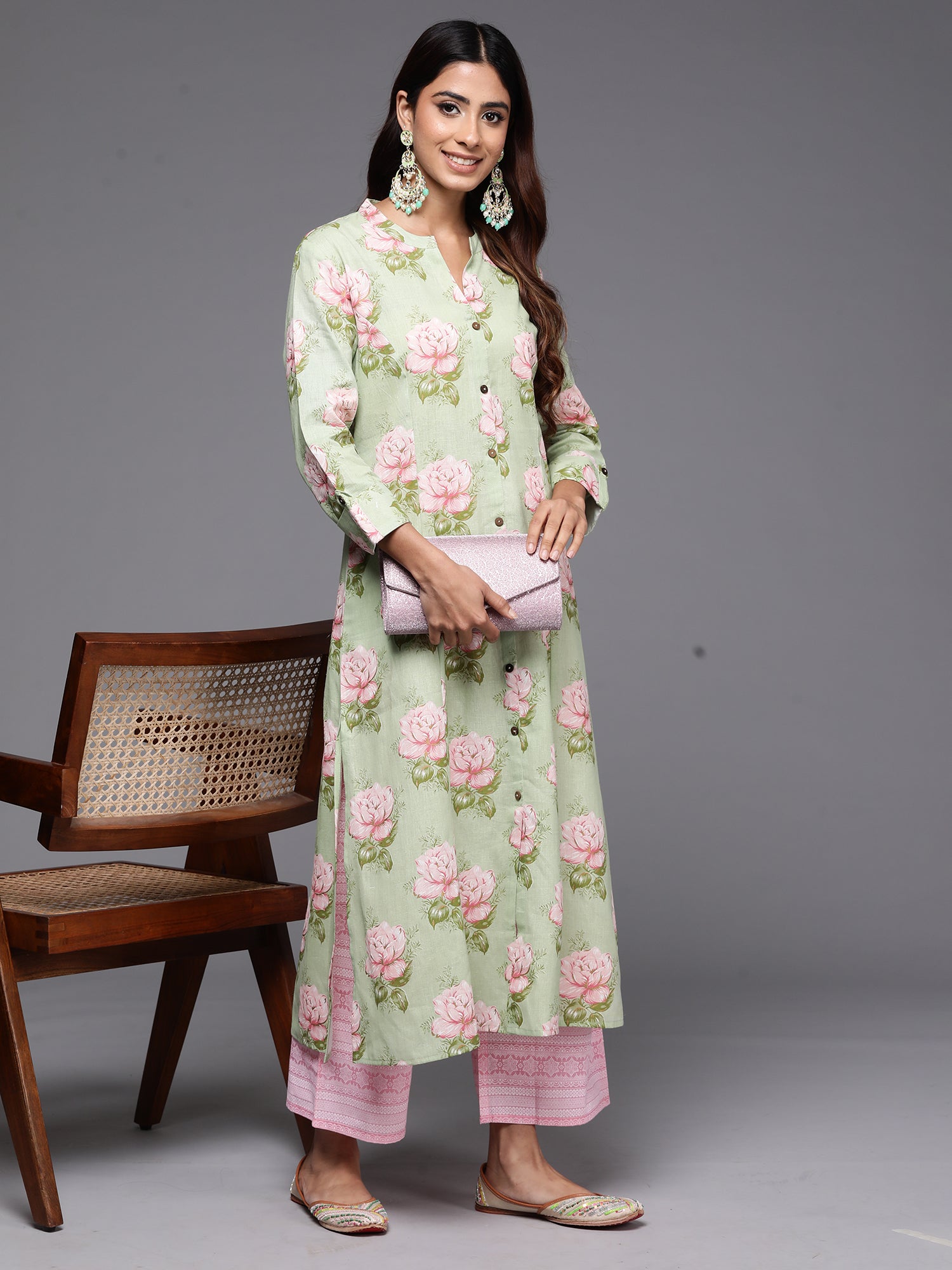 Women's Sea Green Cotton Kurta - Taantav