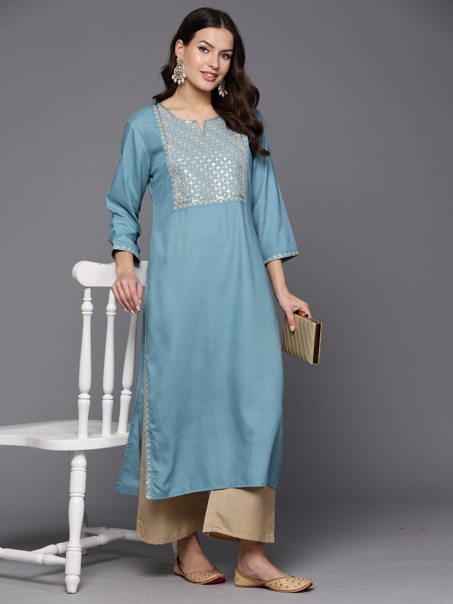 Women's Blue Viscose Rayon Kurta - Taantav