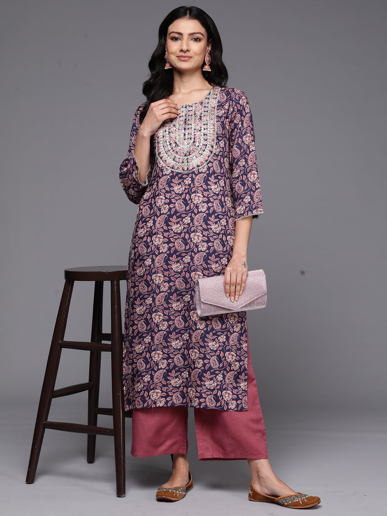 Women's Navy Blue Viscose Rayon Kurta - Taantav