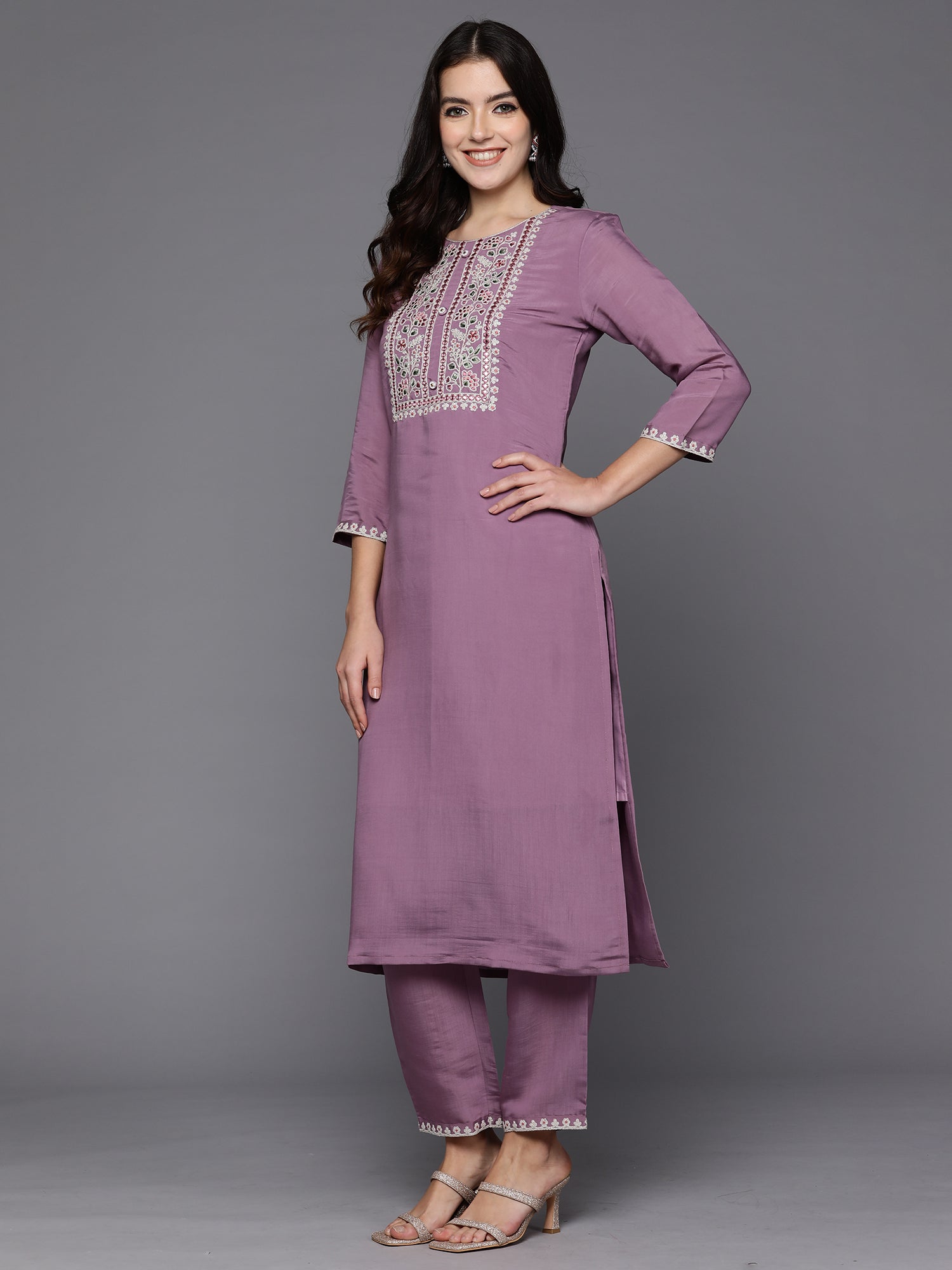 Women's Lavender Silk Blend Kurta Set - Taantav