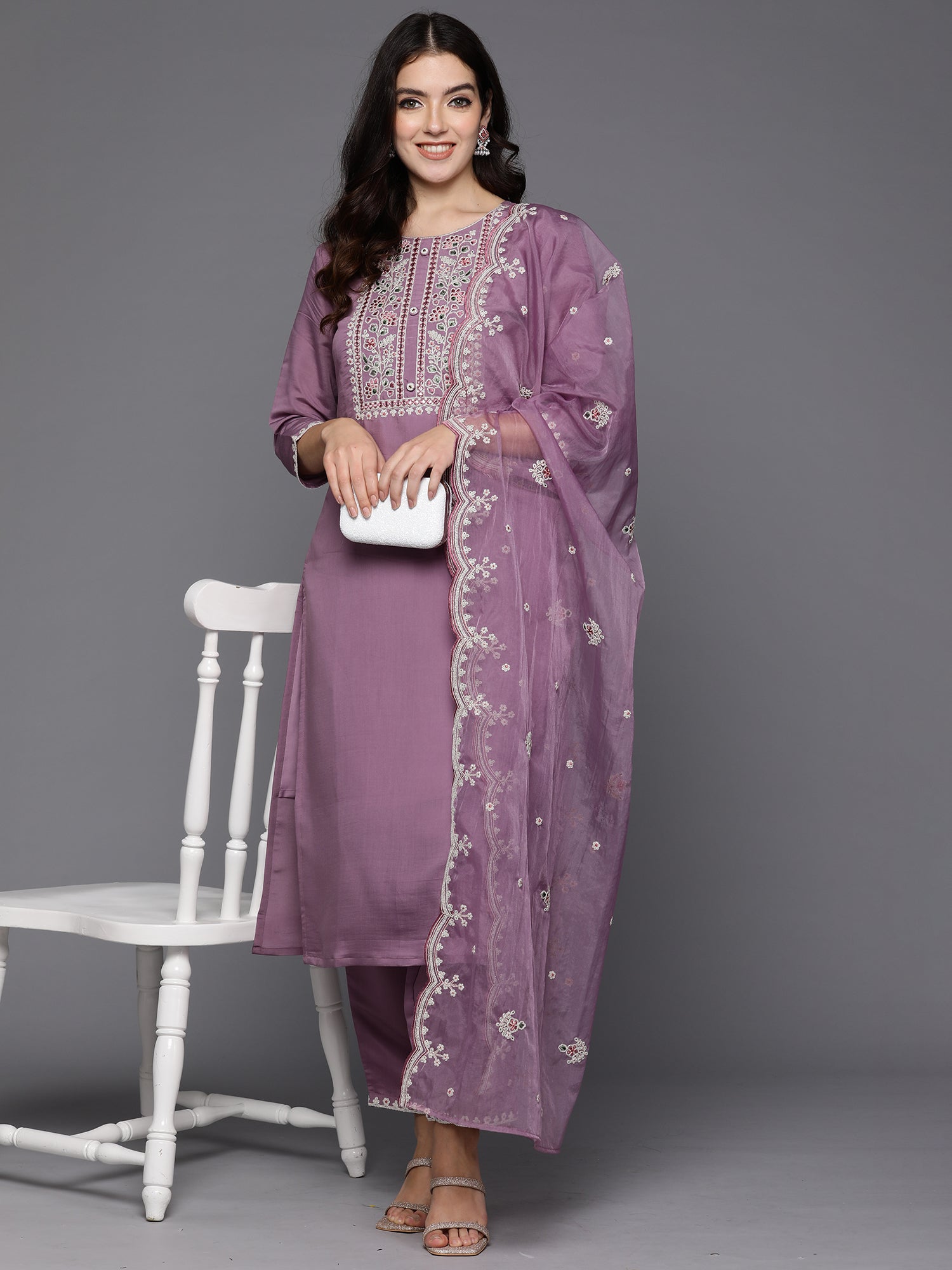 Women's Lavender Silk Blend Kurta Set - Taantav