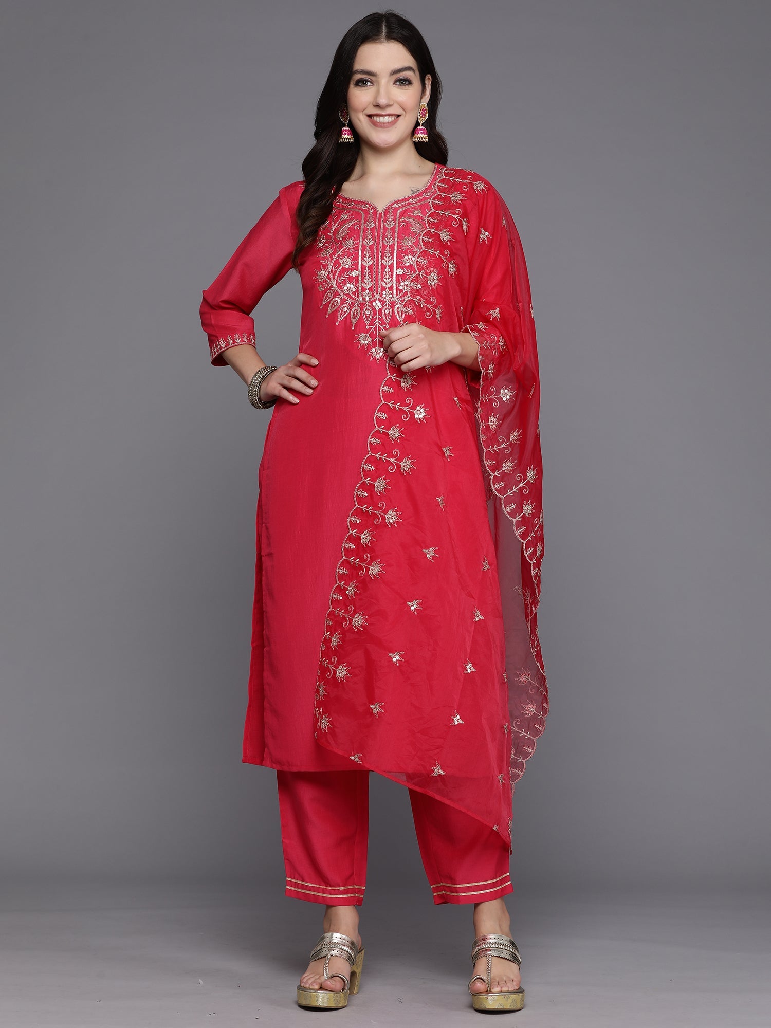 Women's Pink Silk Blend Kurta Set - Taantav