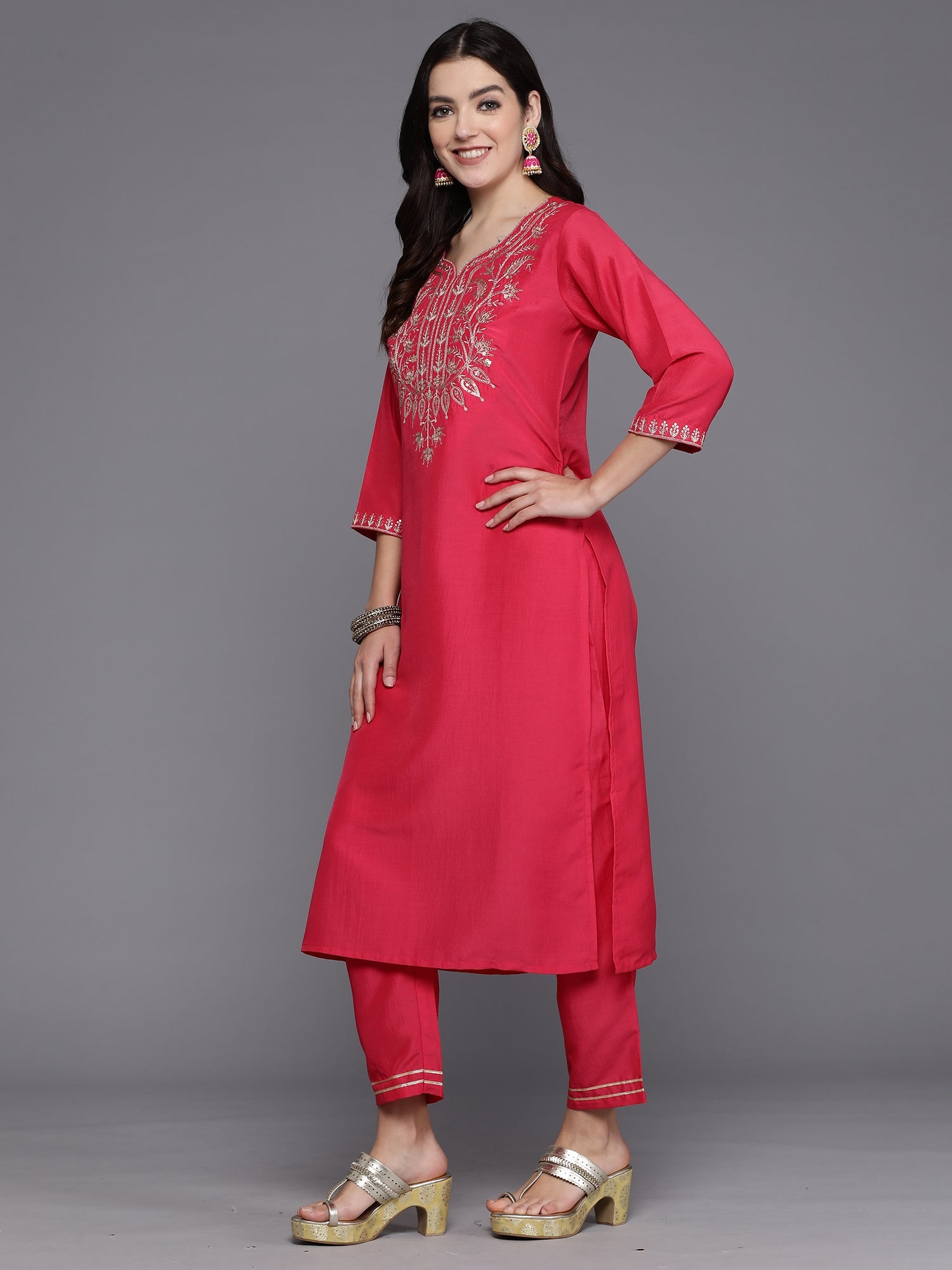 Women's Pink Silk Blend Kurta Set - Taantav