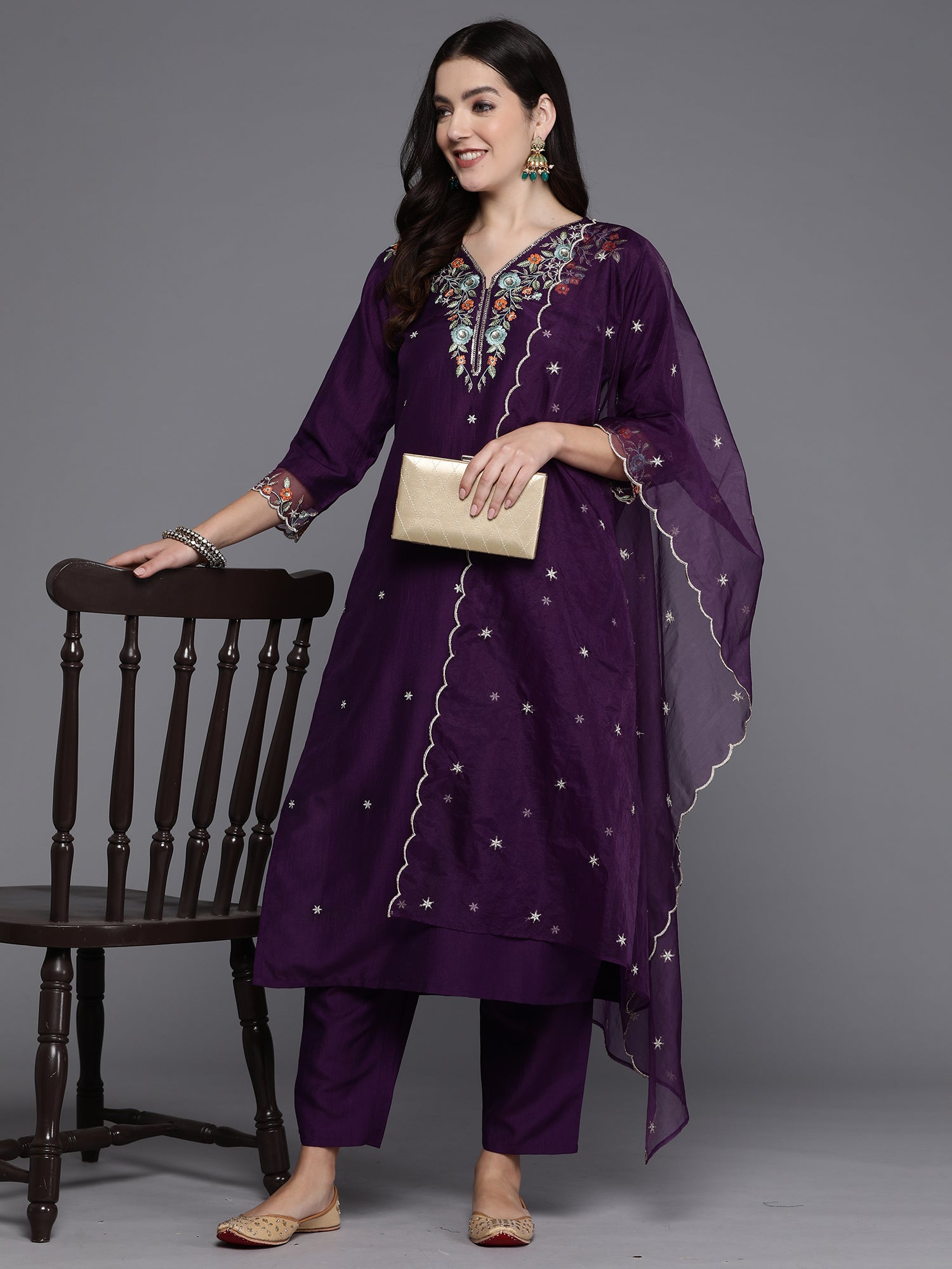 Women's Purple Silk Blend Kurta Set - Taantav