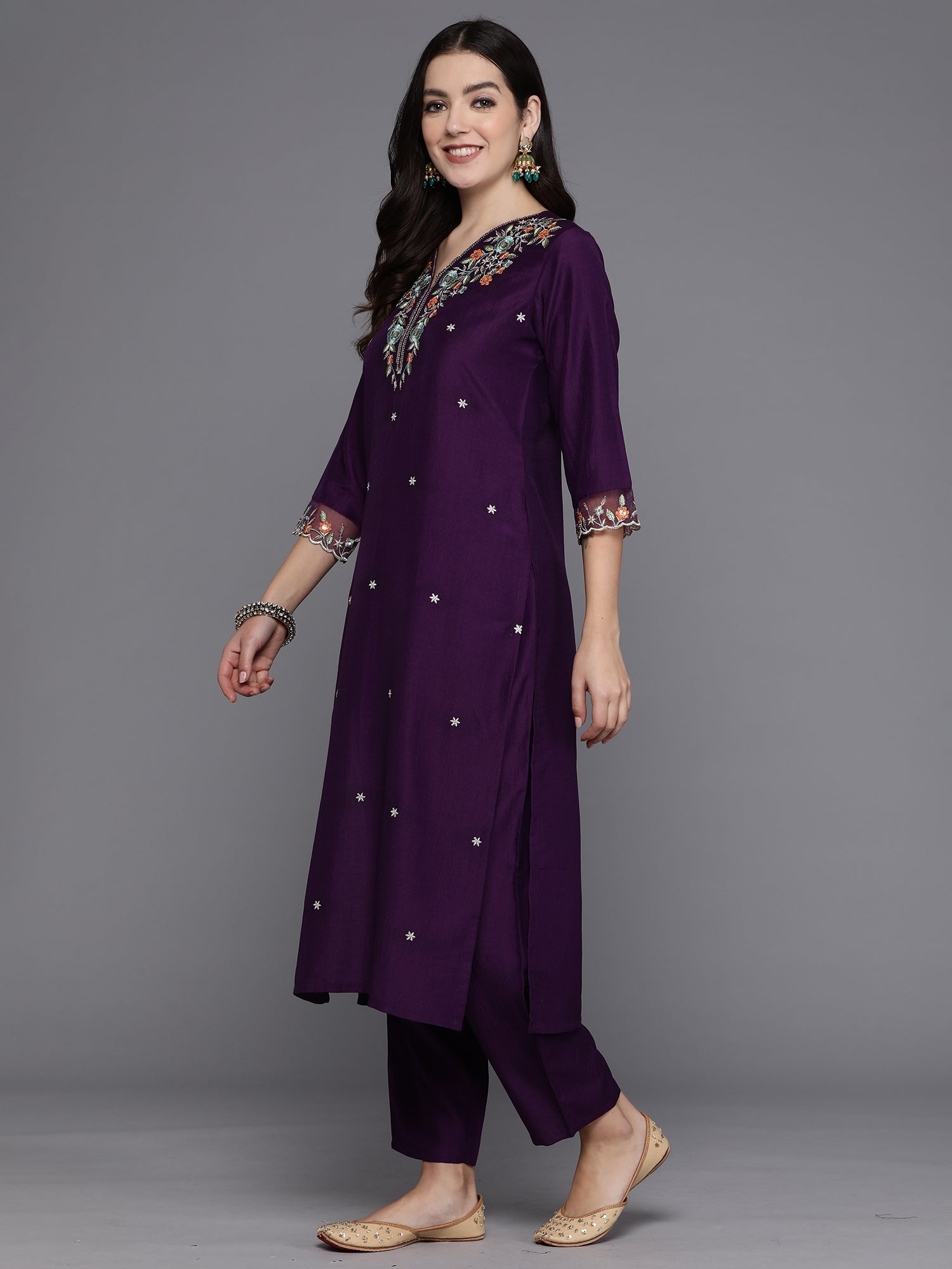 Women's Purple Silk Blend Kurta Set - Taantav